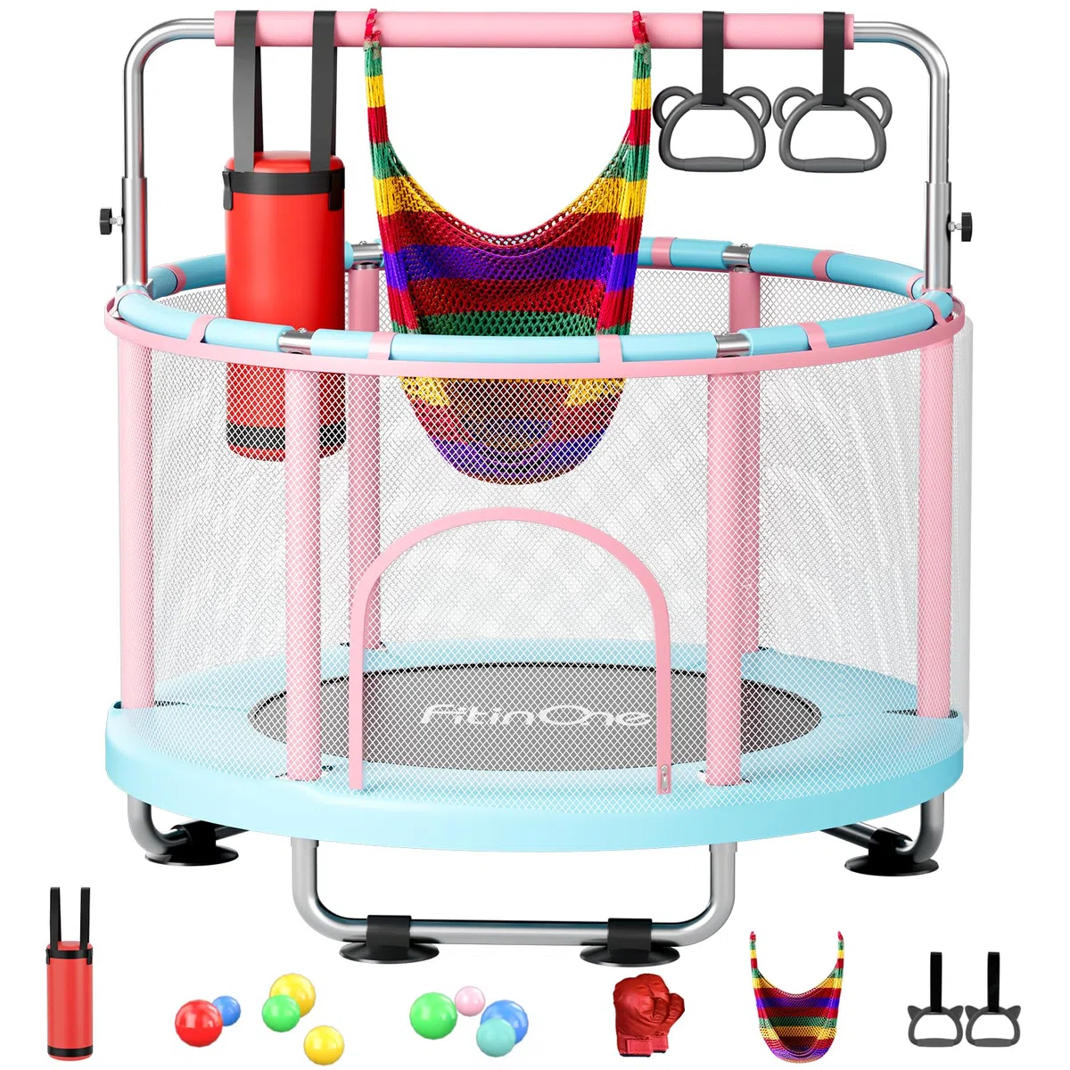 FitinOne Trampolino per bambini, 140 cm, mini trampolino per bambini piccoli per interni ed esterni con altalena, 199,6 kg, trampolino per bambini, sbarra da ginnastica, regali di compleanno per