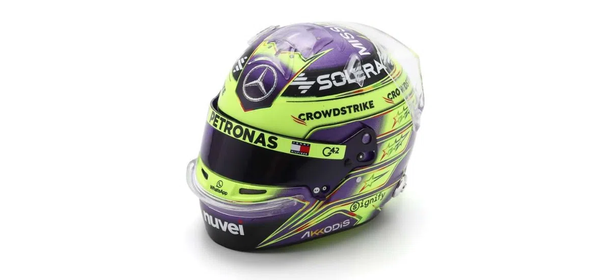 F1 Mini Casco Racing, Lewis Hamilton 2024 British GP Victory, scala 1:5 con vetrina, viola/verde