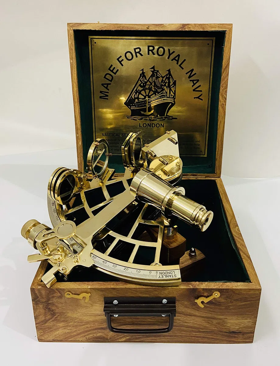 Sestante nautico in ottone da 23 cm fatto a mano e lucidato con scatola di legno | Sestante per navigazione | Vero sestante | Astrolabio nautico antico vintage collezionabile regalo