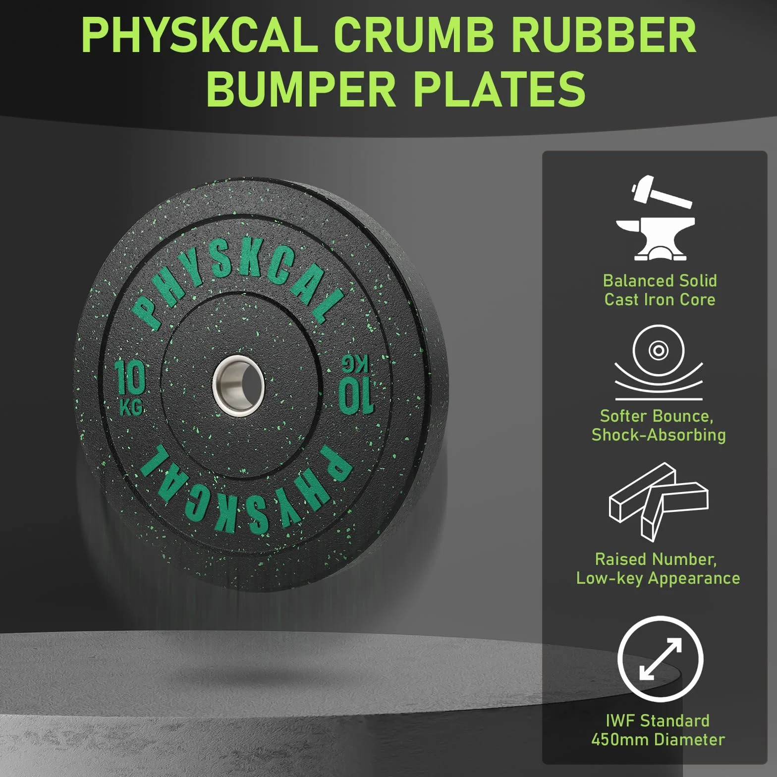 PhysKcal Disco Bumper Olimpici Crumb Rubber Plates da Ø50 mm Riciclato, Piastra In Gomma, Dischi Per Bilanciere Olimpico Home Gym da 5 kg a 25 kg