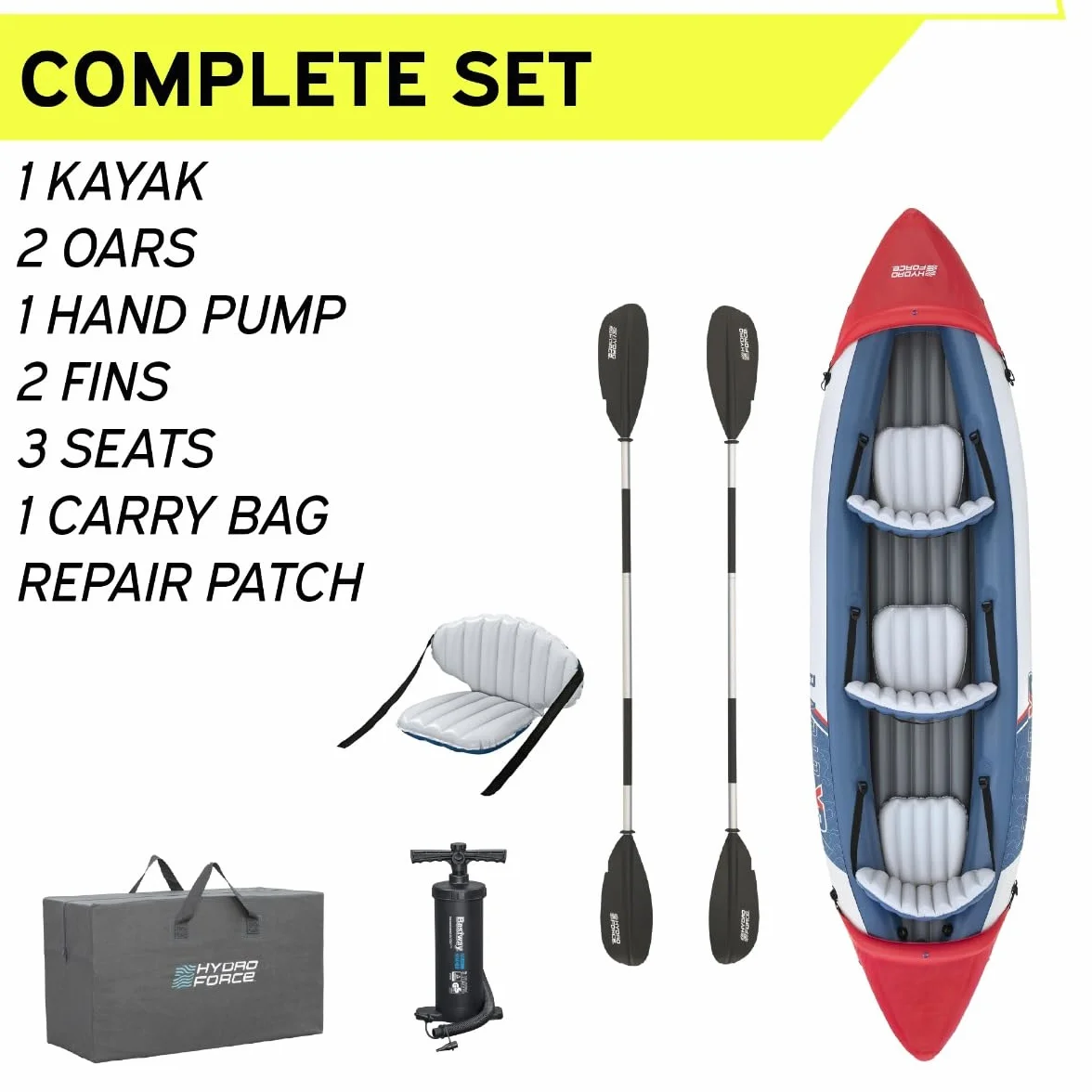Bestway Hydro-Force 3 Person Inflatable Kayak Set with Aluminium Oars and Hand Pump, 3 Man Kayak