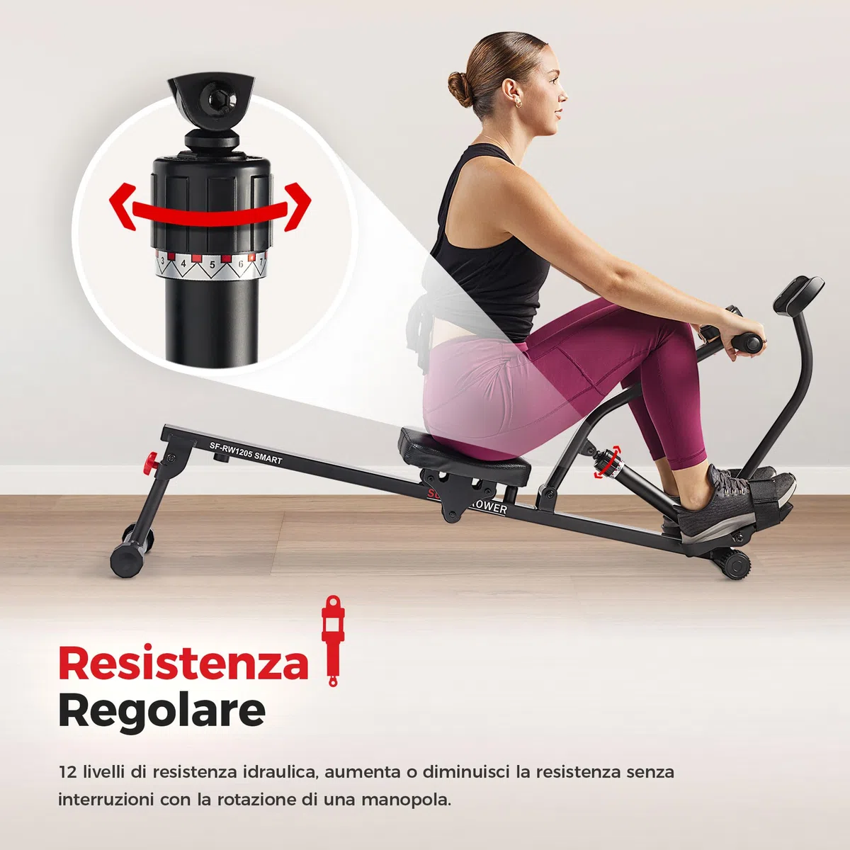 Sunny Health & Fitness Vogatore Compatto Regolabile per Casa, Attrezzatura Cardio con 12 Livelli di Resistenza per Allenamenti Completi del Corpo e Connessione Avanzata con App SunnyFit Gratuita