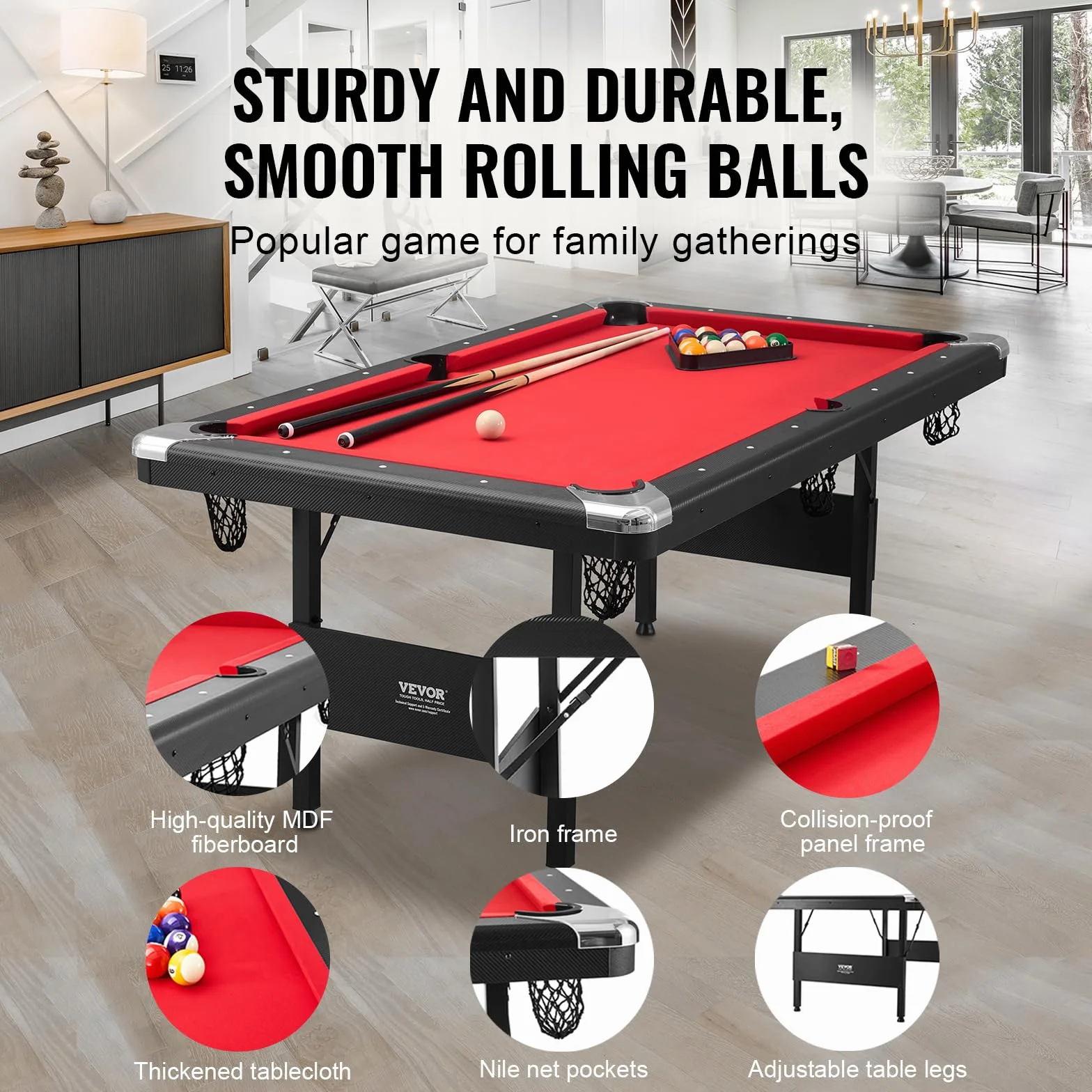 VEVOR Tavolo da Biliardo 1,9 m, Tavolo Portatile e Pieghevole, Set da Biliardo con Palline, Stecche, Gesso, Nero con Panno Rosso, Perfetto per la Sala Giochi della Famiglia, Bambini e Adulti