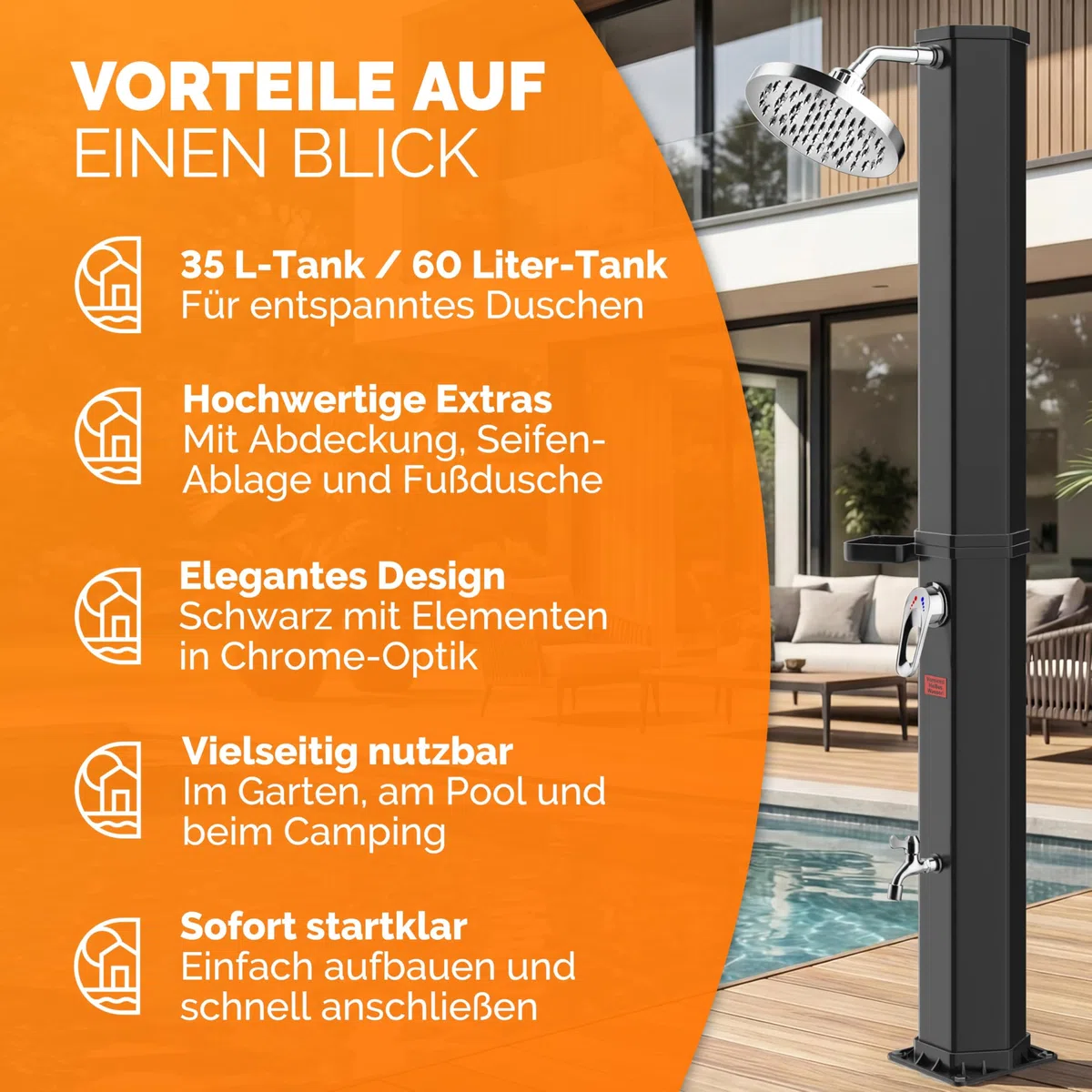 Monzana® Doccia solare 35L Resistente ai raggi UV Vassoio in Acciaio Inossidabile 105GSM Copertura Protettiva Doccino Regolabile a Pioggia Doccia Piscina Doccia Campeggio Acqua calda 60°C Esterno