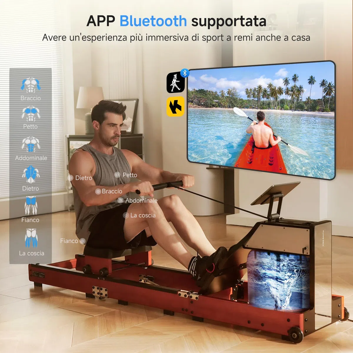 Vogatore Pieghevole per Casa, doppia Resistenza all'acqua e Resistenza Magnetica Macchina a Remi Vogator per Casa Fitness Allenamento