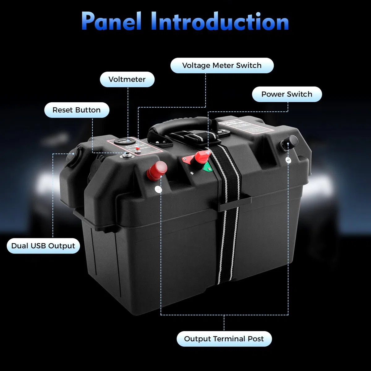 Scatola per batteria, motore elettrico multifunzione, gonfiabile, per esterni, con 2 porte USB, indicatore di tensione LED, protezione da sovraccarico per campeggio, auto, barca (nero)