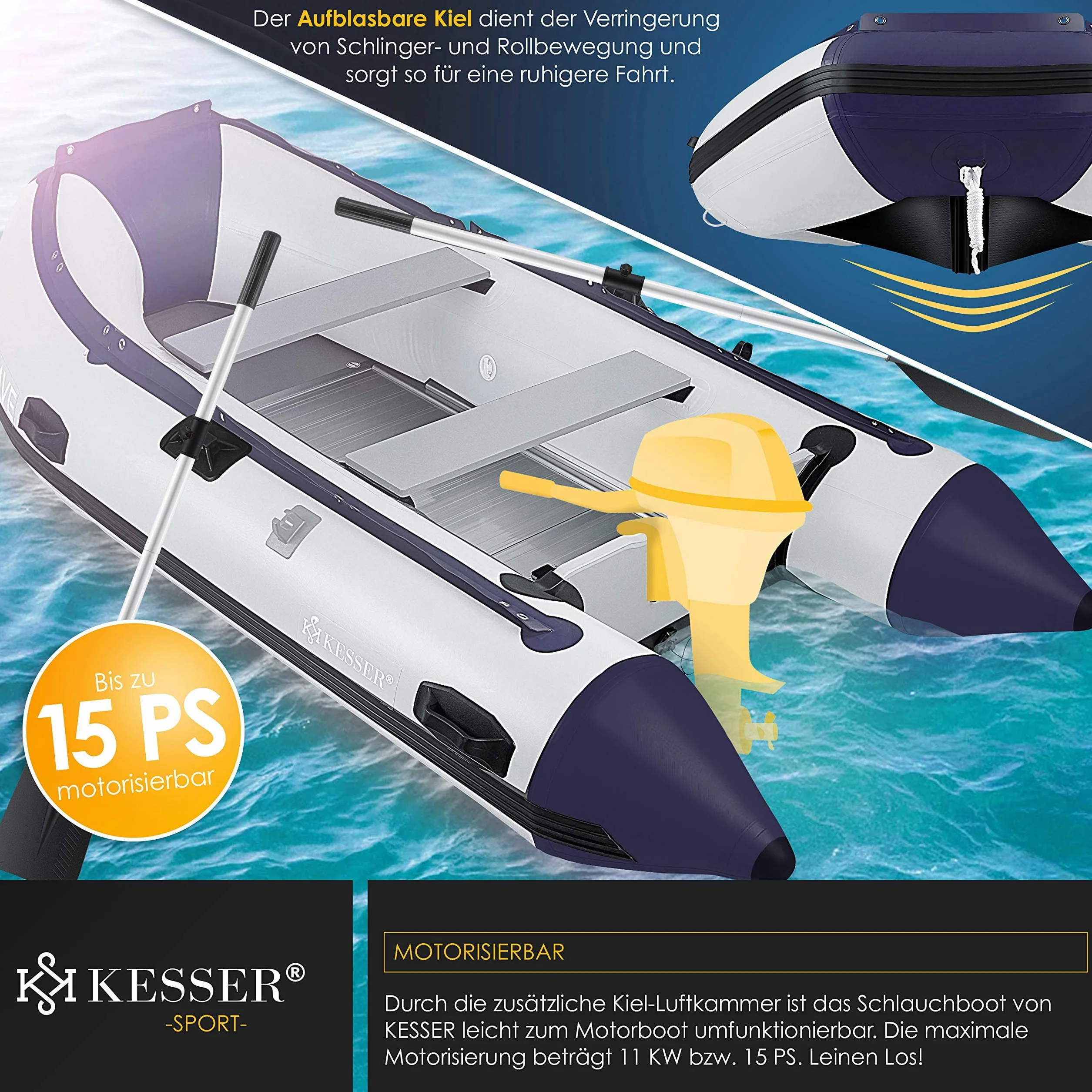 KESSER® Gommone di 3,20 m per 4 Persone - Compatibile con Motore Wave Imbarcazione da diporto Barca a Remi Barca a Motore Barca da Pesca - con 2 panche - Fondo in Alluminio Remi Pompa