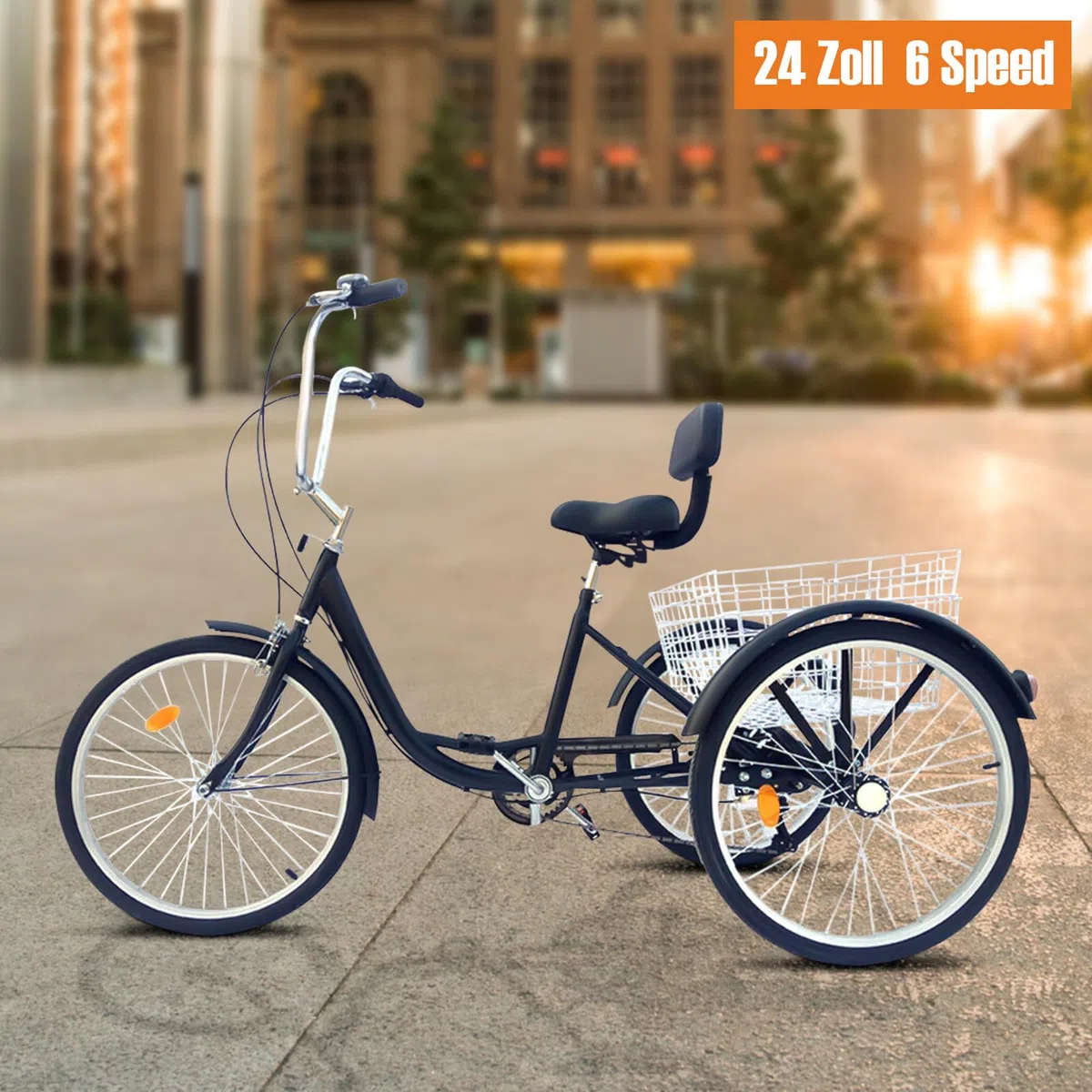 24 Pollici Triciclo per Adulti Bicicletta 3 Ruote Adulto Regolabile in Altezza con Parafango e Maniglia Antiscivolo 6 Velocità Triciclo con Cestino, per Uomo, Donna, Senior