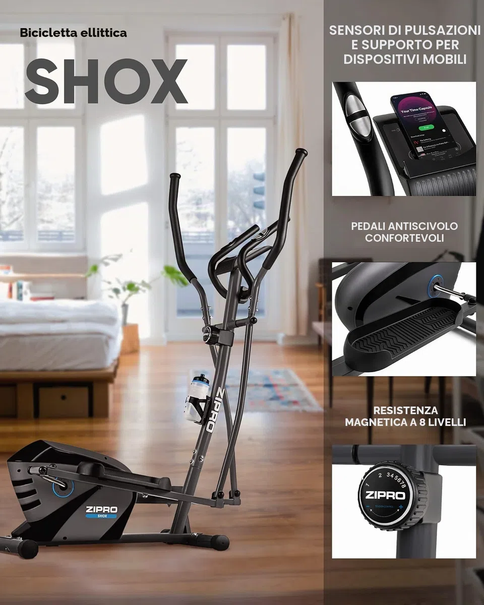 Zipro Crosstrainer Shox, Ellittico fino a 120 kg, Attrezzo cardio per la casa, Macchina da allenamento cardio, Ellittica, Cyclette, 8 livelli di resistenza