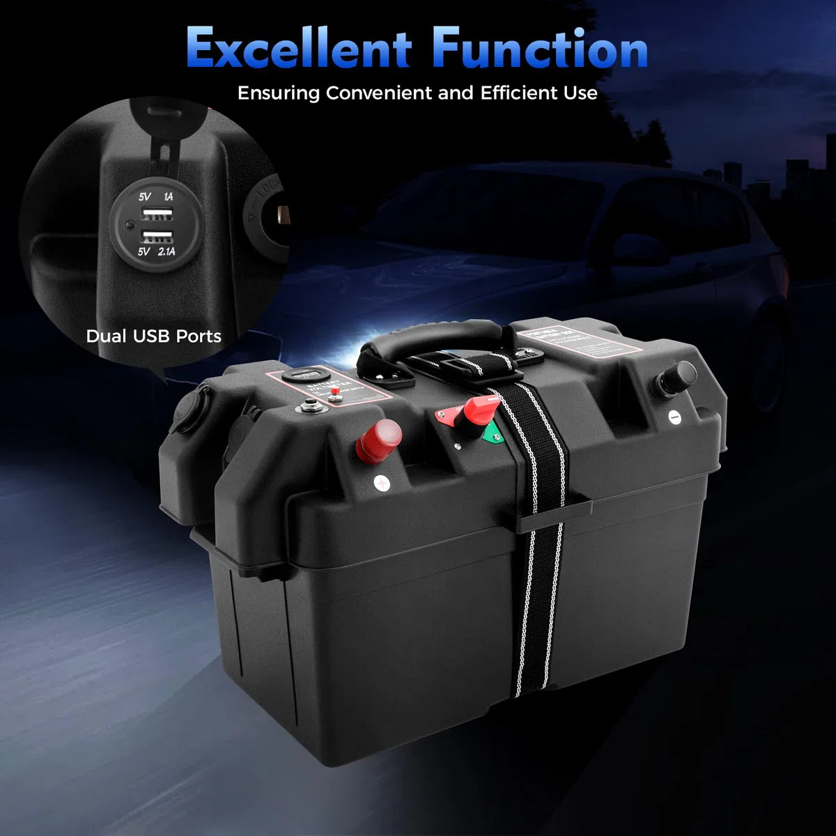 Scatola per batteria, motore elettrico multifunzione, gonfiabile, per esterni, con 2 porte USB, indicatore di tensione LED, protezione da sovraccarico per campeggio, auto, barca (nero)