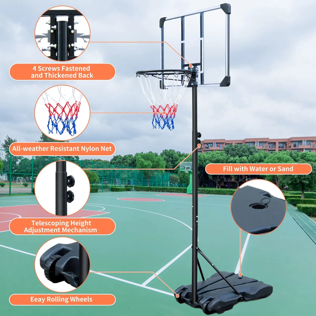 HIONRE Set di canestro da basket trasparente da 2,1 m, professionale, per esterni, con ruote, altezza regolabile 165 cm-213 cm, nero