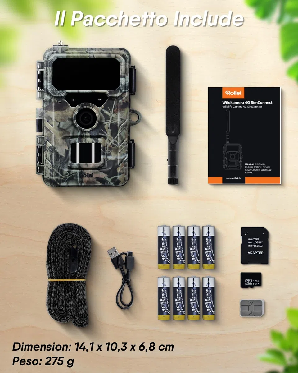 Rollei Fototrappola con Sim 4G, 4K Fototrappola Notturna con App e Sensore di Movimento Telecamera Caccia Notturna Infrarossi con Batteria e Scheda 32GB IP66, Fototrappola-4G-Sim-Wildlife-Camera