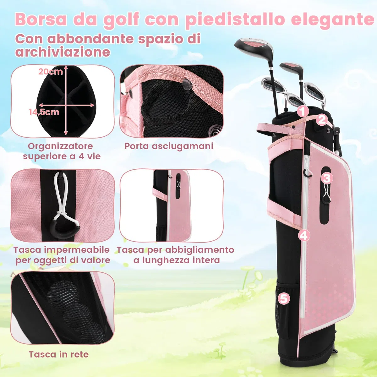 COSTWAY Set di Mazze da Golf per Bambini con Sacca, Fodera Impermeabile, Driver 1, Ibrido 5, Ferro 7, Ferro 9, Ferro S e Putter, Set Allenamento Golf per 11-13 Anni, Destrorso