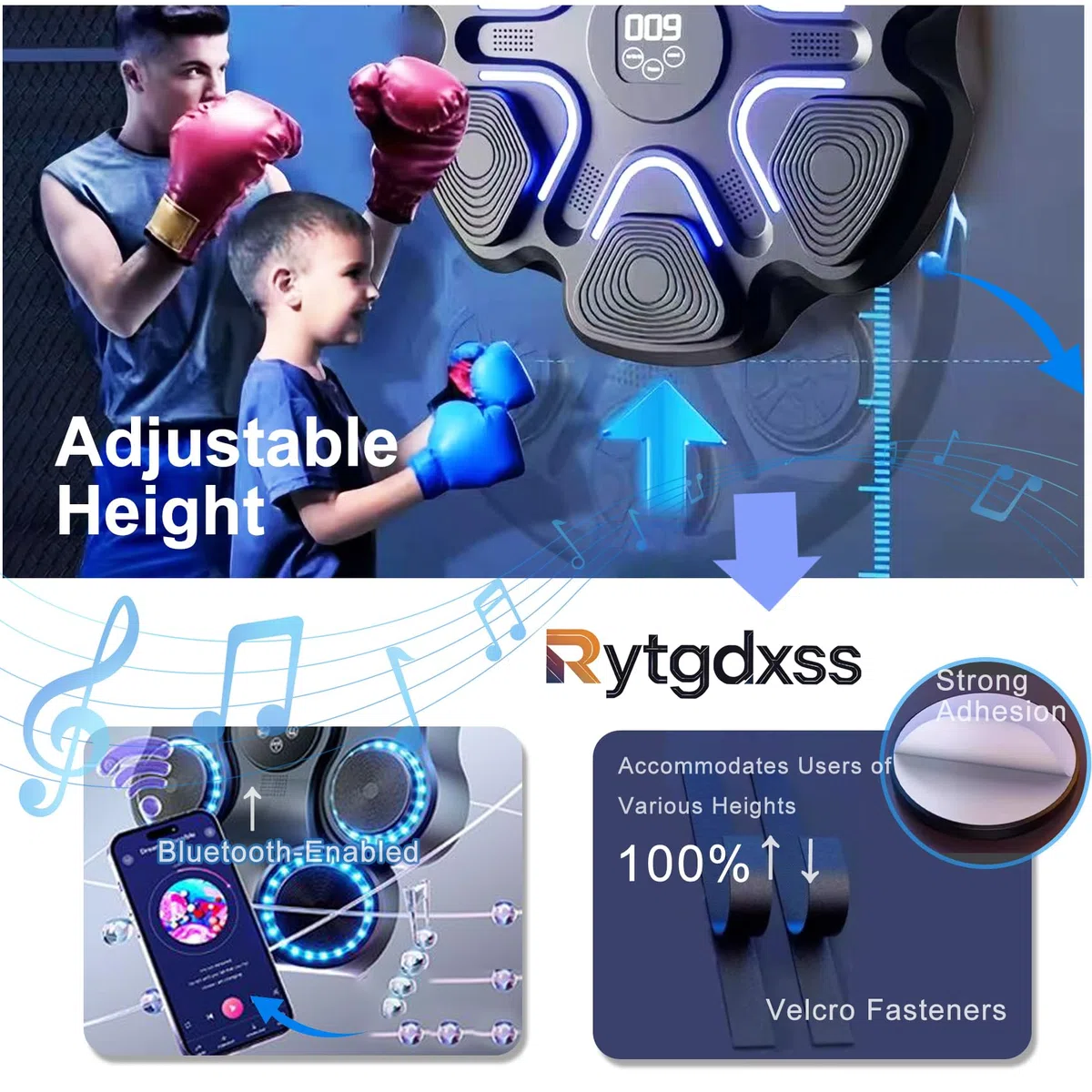 Music Boxing Machine,Macchina da Boxe Musicale,LED,Bluetooth,9 modalità di velocità,Conteggio,Guantoni da Boxe,Attrezzatura per Allenamento a Casa,Design Regolabile