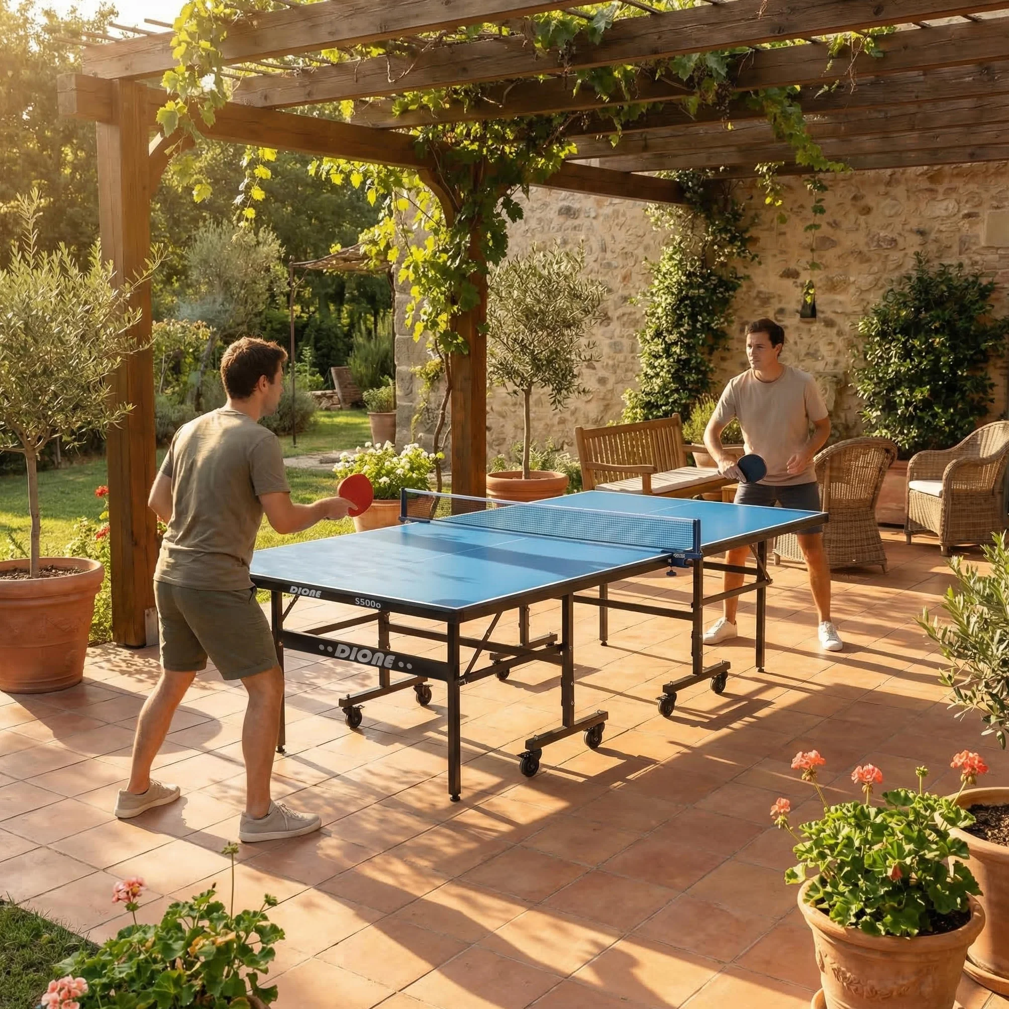 Dione S500o - Tavolo Da Ping Pong - Superficie da 6 mm - Pieghevole e adatto per esterni - Resistente alle intemperie - 60KG - Montaggio 10 Minuti