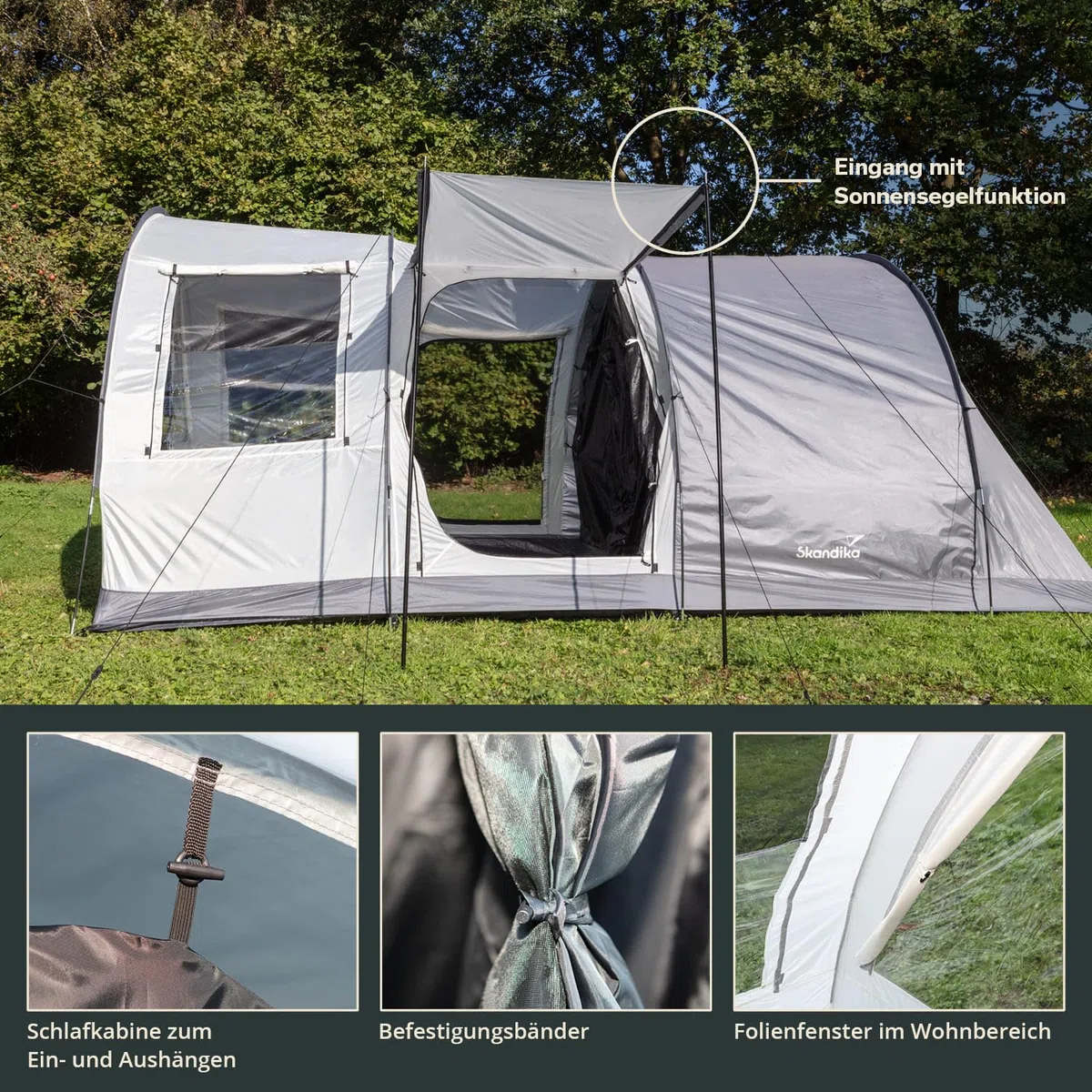 Skandika Simo 4/5 Protect | Tenda da campeggio familiare a tunnel, fondo cucito, colonna d'acqua 3000 mm, cabine oscurate, zanzariera, 3 ingressi