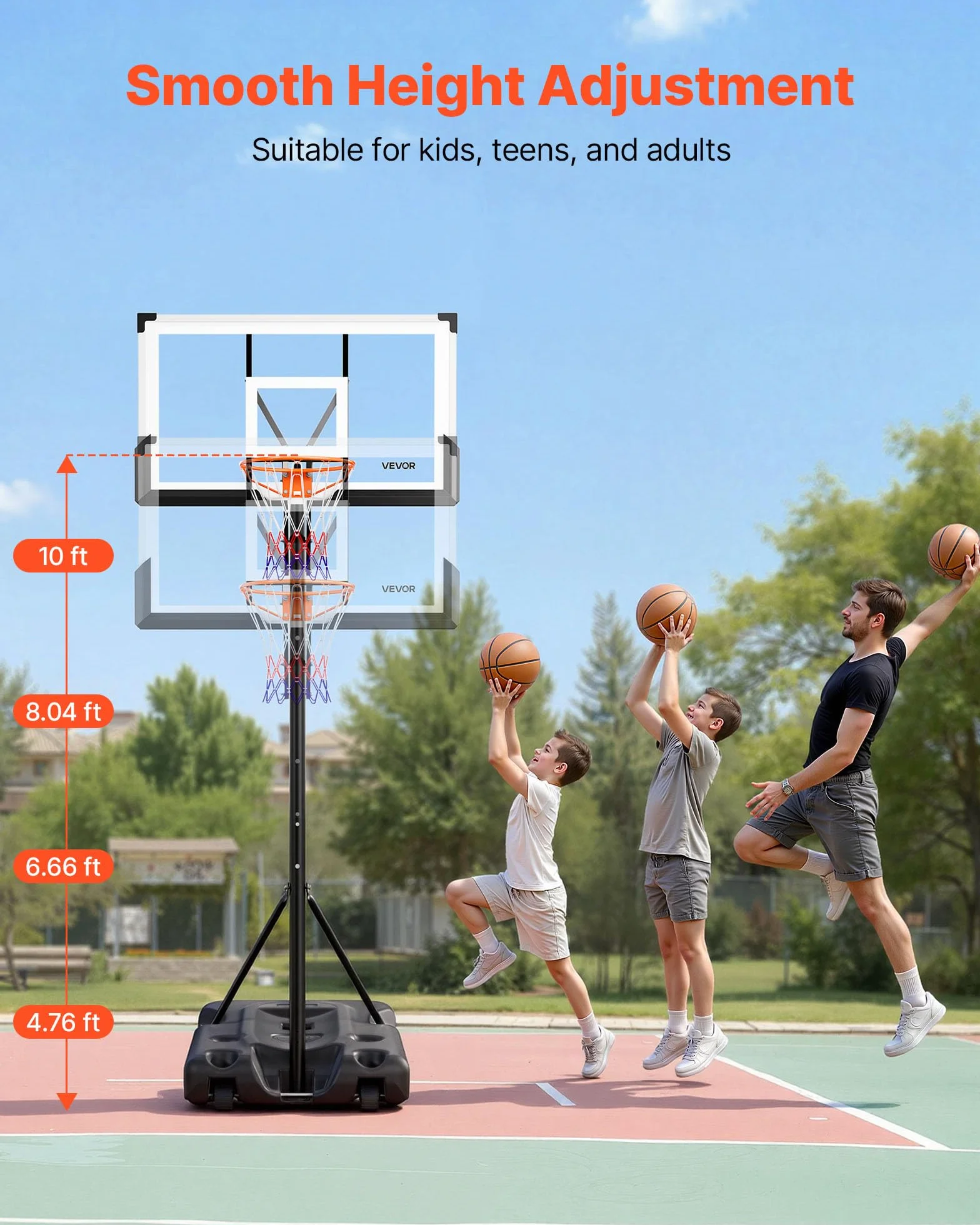 VEVOR Supporto da Basket Portatile Massimo 3,05 m Pallacanestro da Esterno con Piedistallo Regolabile in Altezza Design di Sollevamento, con Ruote e Tabellone PC da 1371,6 mm, per Cortili, Scuole