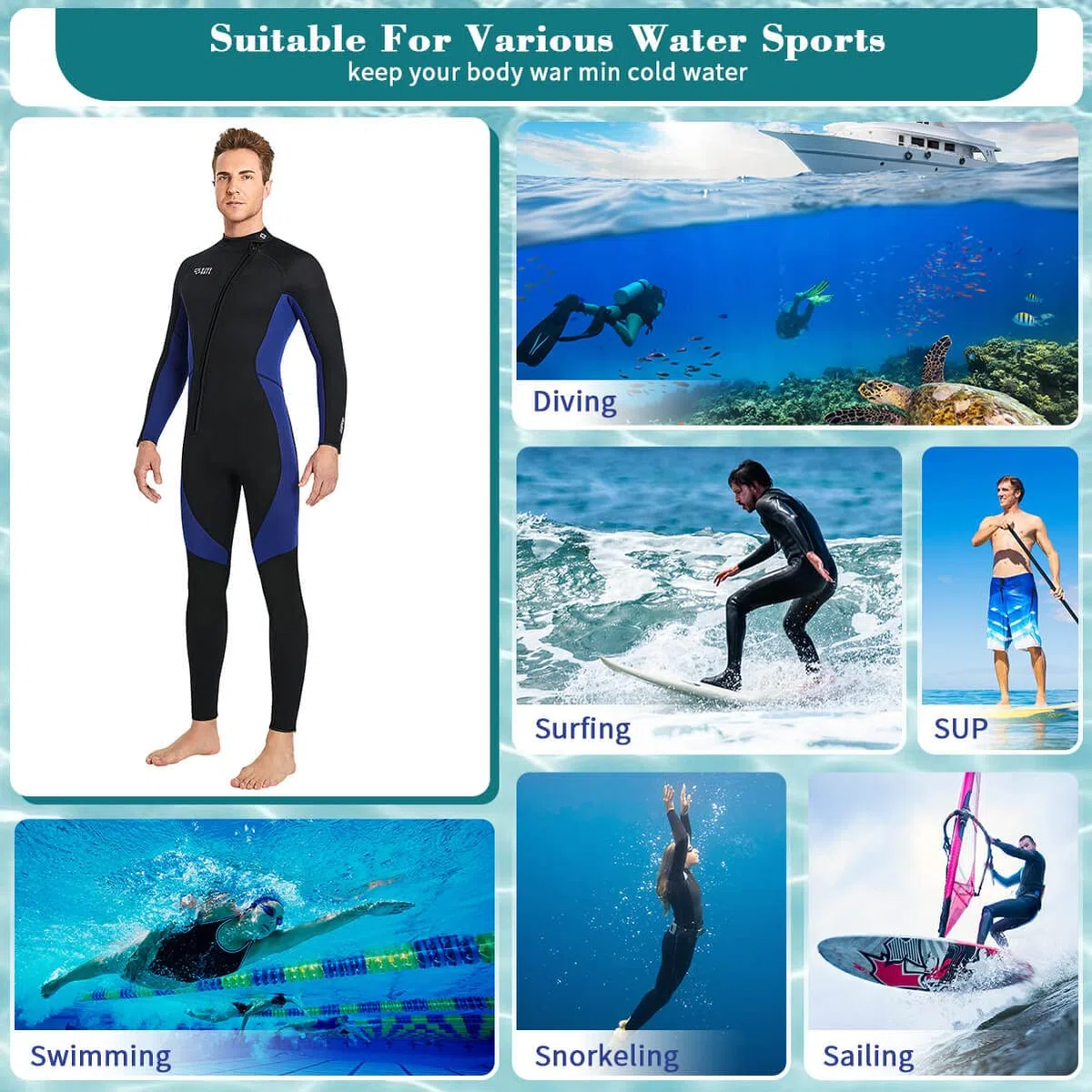 Muta in neoprene da 3 mm, per immersioni subacquee a tutto il corpo, cerniera frontale, a maniche lunghe, elasticizzata, per nuoto, snorkeling, immersioni, surf, sport acquatici