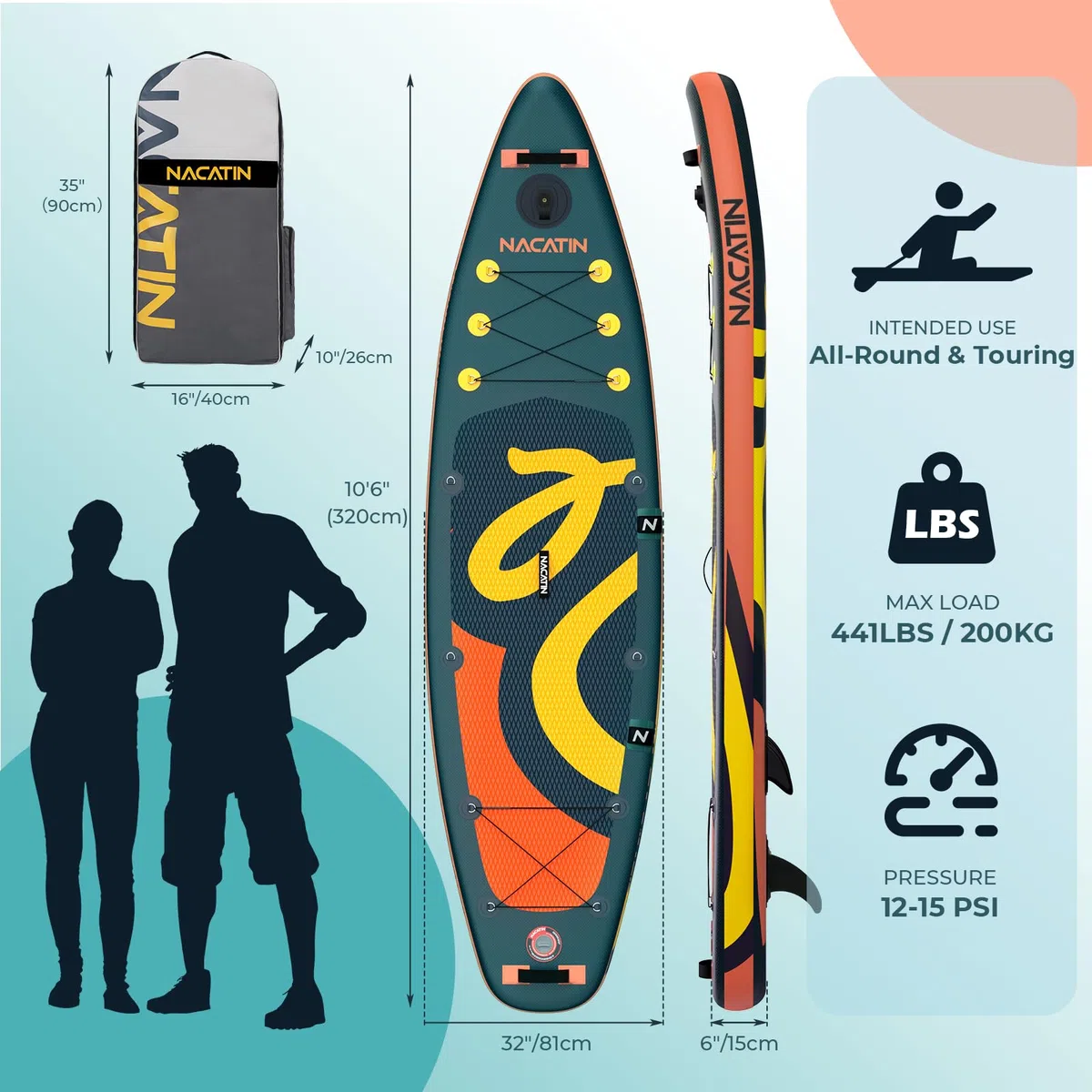 NACATIN Tavola SUP gonfiabile da 320 cm con sedile per adulti, con doppia pagaia, sedile per kayak, zaino, tracolla, borsa asciutta, kit di riparazione, per lago, fiume, yoga