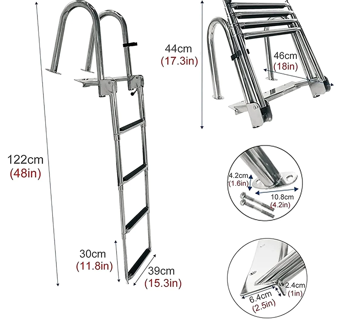 Scaletta Bagno Scaletta Barca Inox, Scalette Piscina Pieghevole con Corrimano E Ampia Pedaliera 4 Gradini Ponte Galleggiante per Piscina/Piscina Barca, Ingresso Poppa Marina