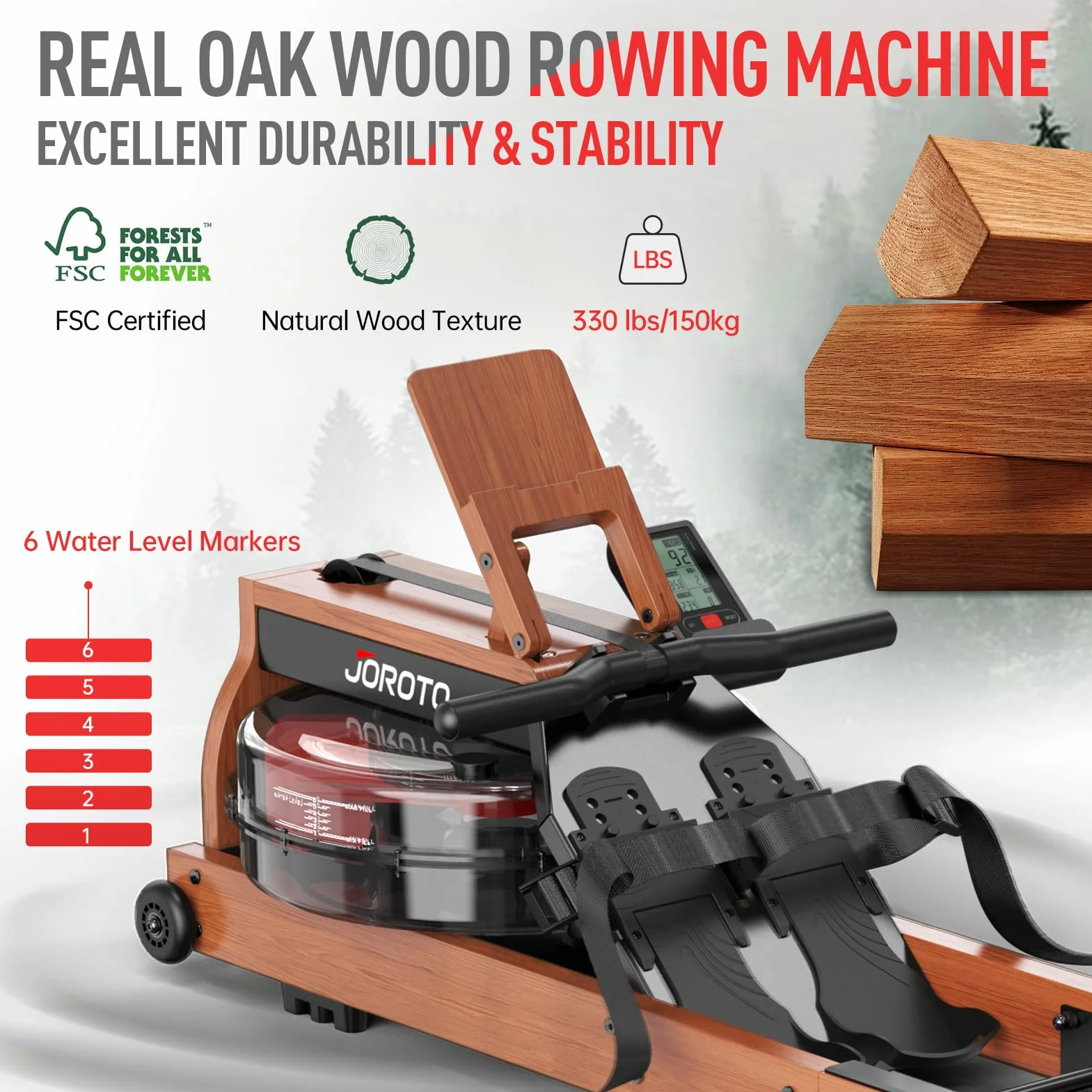 JOROTO Vogatore ad Acqua per casa, Vogatore Pieghevole in Legno di Quercia Capacità di Peso di 150kg con Monitor Bluetooth, Supporto per Tablet Regolabile