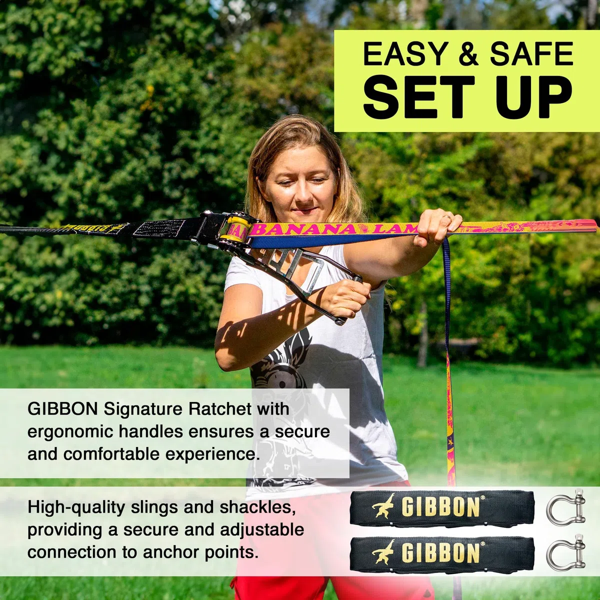 GIBBON BananLama mit TreeWear Slacklines Blu/Giallo 25 M