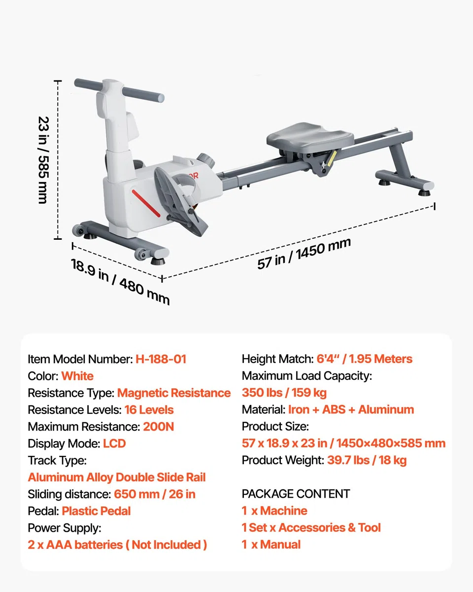 VEVOR Vogatore Magnetico Regolabile a 16 Livelli Vogatore Pieghevole per Casa Capacità di Peso da 158 kg per Allenamento Fisico Fitness, Compatibile con APP Bluetooth e Monitor LCD da Palestra
