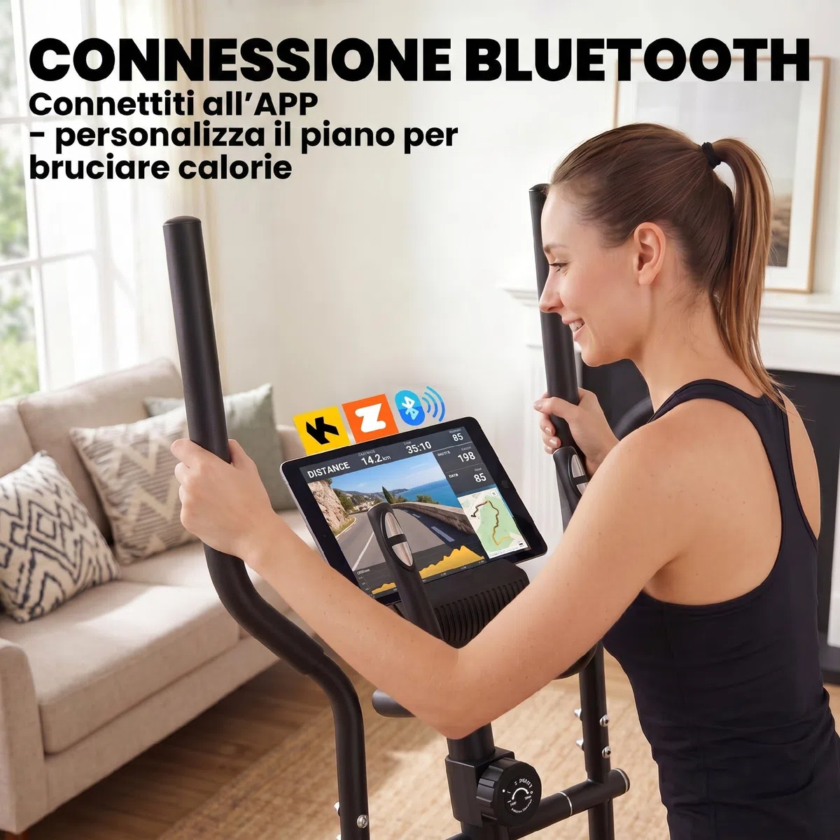 SPORTNOW Ellittica da Casa, Cyclette Ellittica Magnetica Silenziosa con 8 Livelli di Resistenza, App Bluetooth, Sensore di Pulsazioni, Monitor LCD, Pedali Antiscivolo, Portatelefono, Ruote, Max 120kg