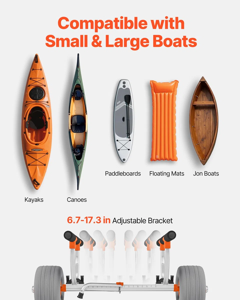 VEVOR Carrello per Kayak, in Lega di Alluminio capacità di 158,8 kg, con Pneumatici Gonfiabili da 30,5 cm e 2 Cinghie, Si Monta Facile, Carrello per Paddle Board per Il Trasporto di Kayak e Canoe