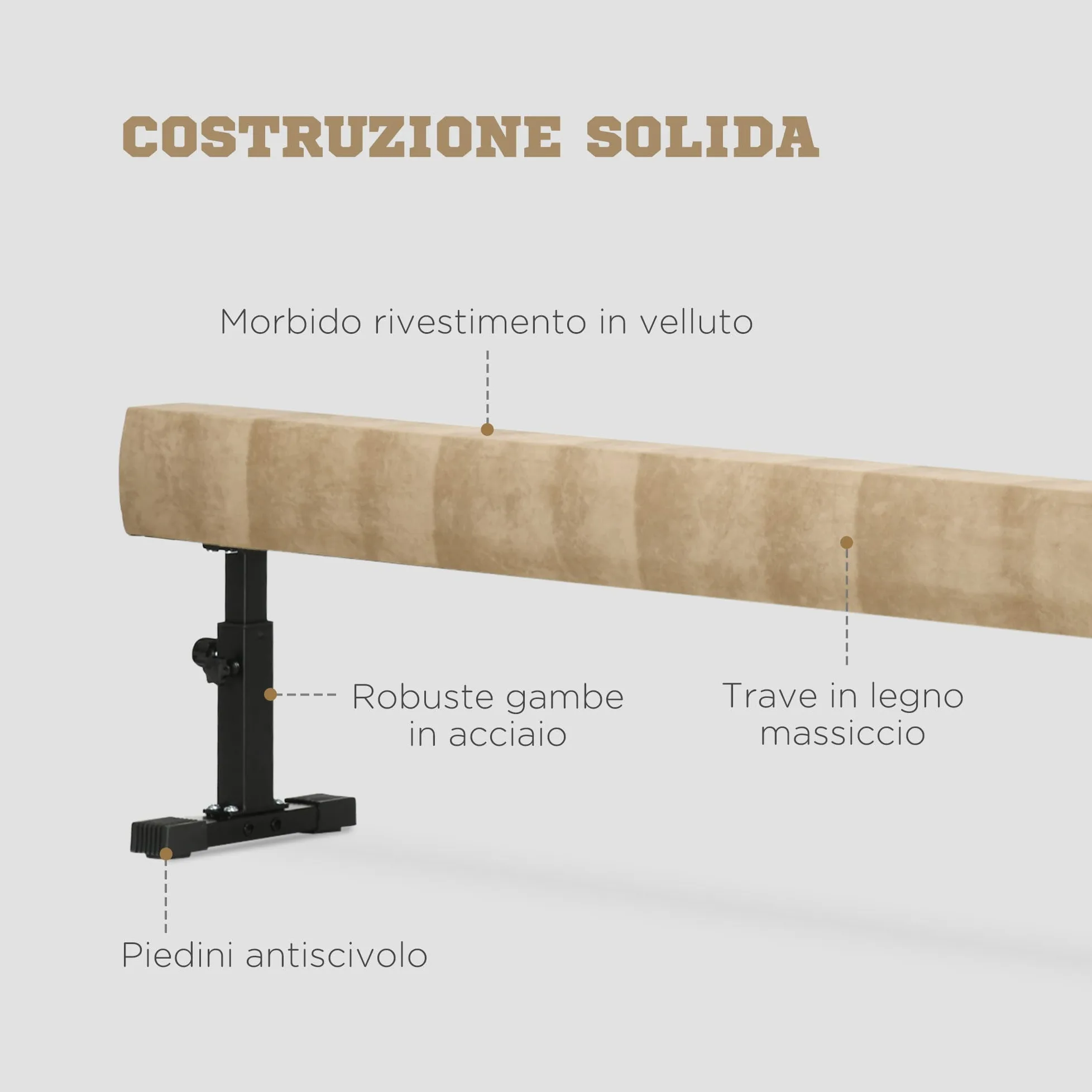 HOMCOM Trave Ginnastica Artistica da Casa con Altezza Regolabile, Ruote e Piedini Antiscivolo, per Bambini da 3-12 Anni, 226x31x59cm, Marrone