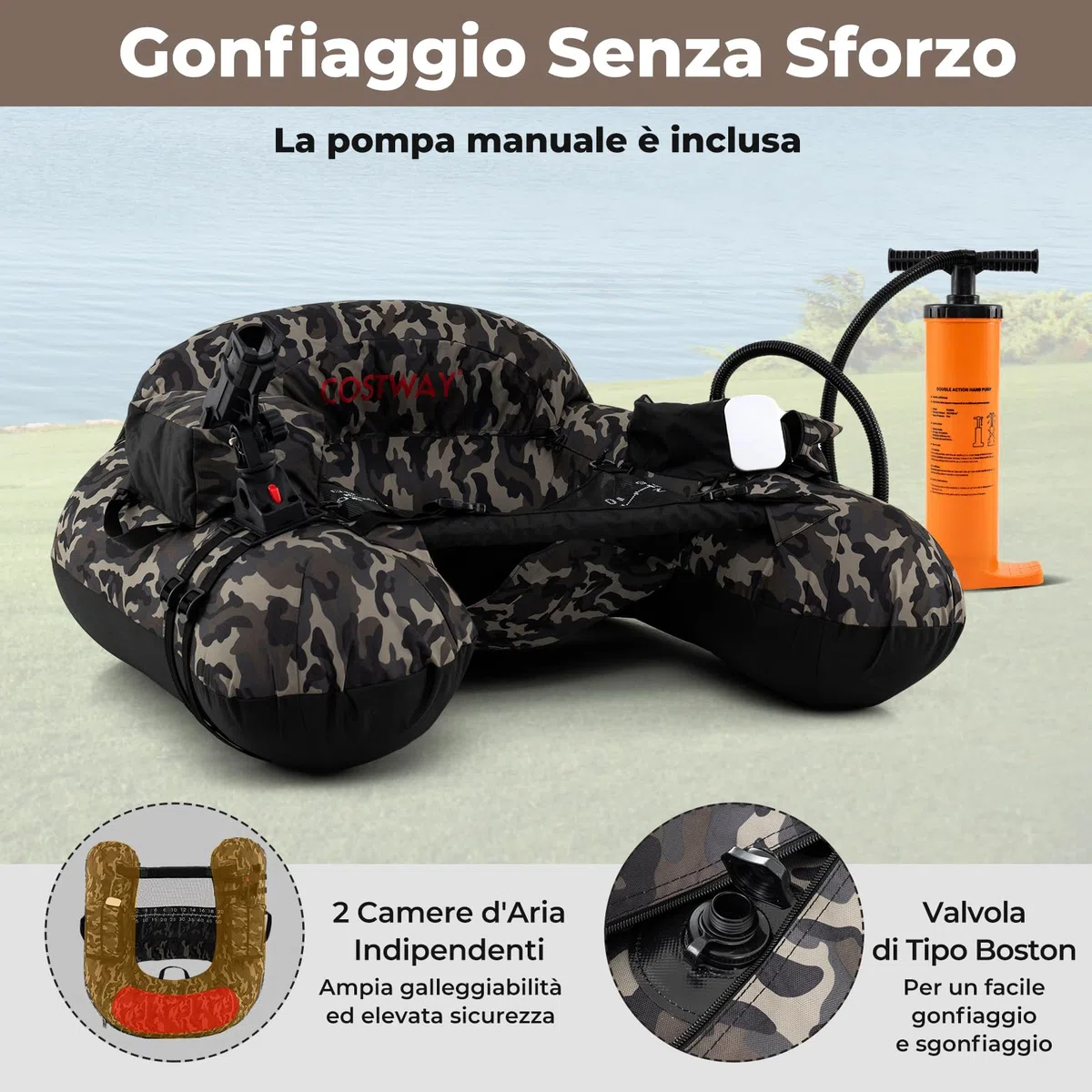COSTWAY Barca Gonfiabile da Pesca, Belly Boat Portatile con Portacanna Regolabile, Supporto per Ami, Pagaia in Alluminio, Pinne, Pompa e Kit di Riparazione, Portata 150 kg