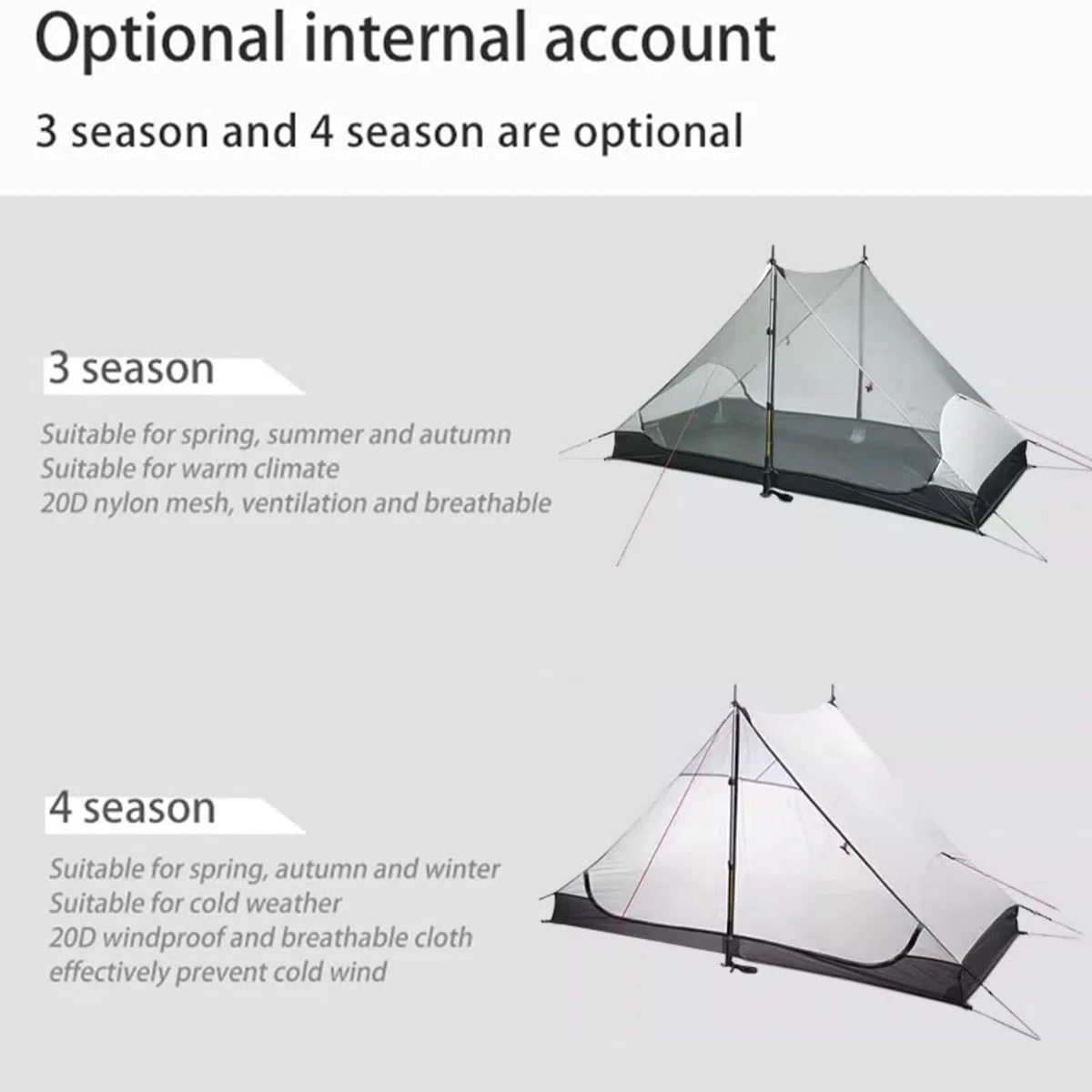 3FULGEAR Lanshan - Tenda da campeggio ultraleggera per 2 persone, 3/4 stagioni, professionale, in silnylon 15D, senza asta, per campeggio, arrampicata, escursionismo