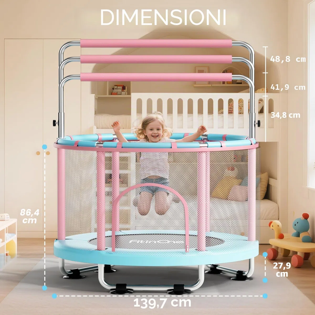 FitinOne Trampolino per bambini, 140 cm, mini trampolino per bambini piccoli per interni ed esterni con altalena, 199,6 kg, trampolino per bambini, sbarra da ginnastica, regali di compleanno per