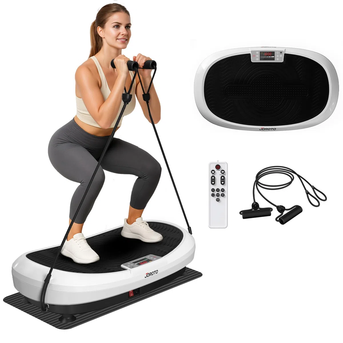 JOROTO JV50/JV60 Pedana Vibrante 4D per Casa, con 3 Motori, 10 Programmi & 120 Livelli, Altoparlante Bluetooth, Luci LED per Allenamento Completo del Corpo, Portata Massima di 158KG