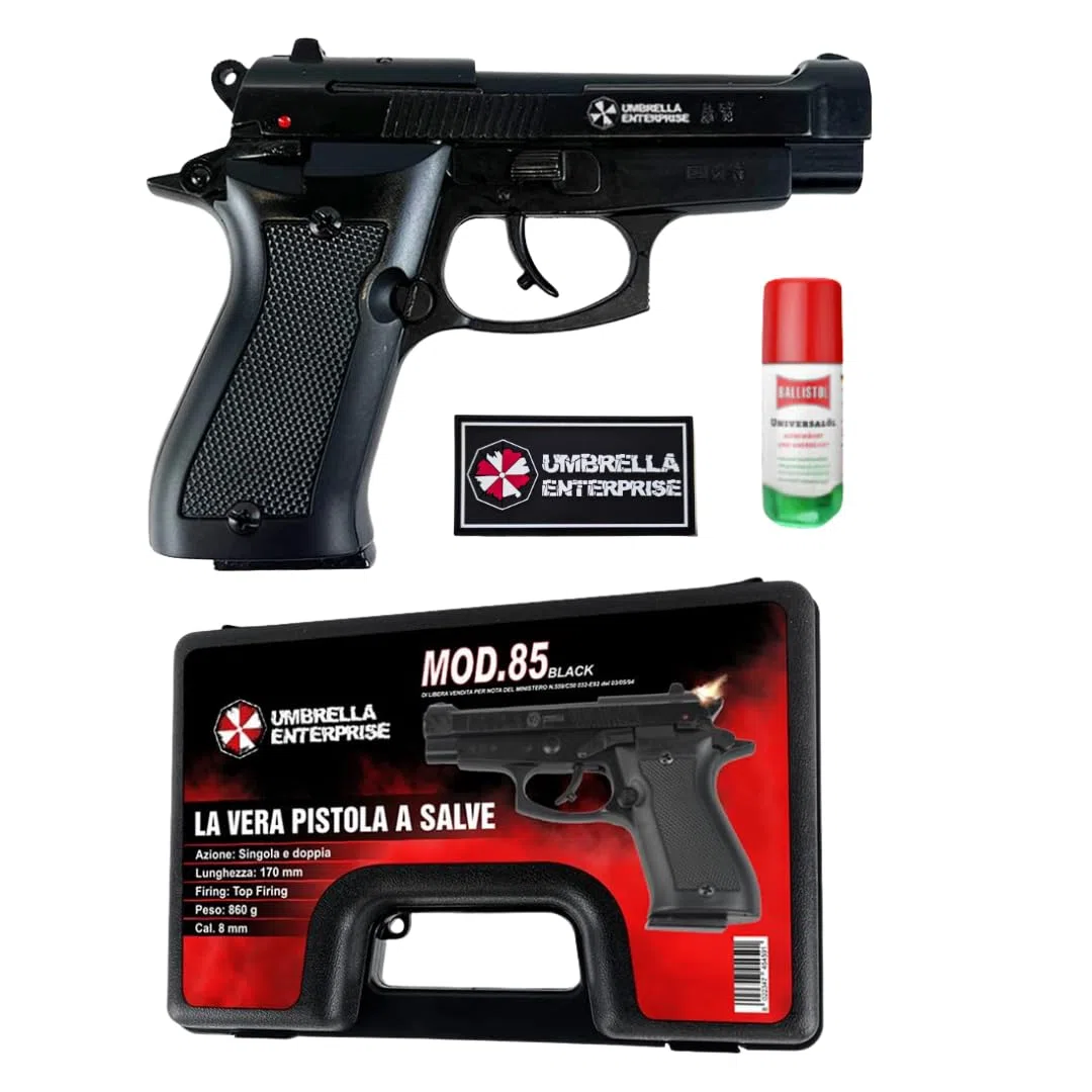 Pistola a Salve Mod. 85 9mm Top Firing, Segnalatore Acustico Scacciacani/Addestramento, Nera - Kit con Olio Ballistol incluso