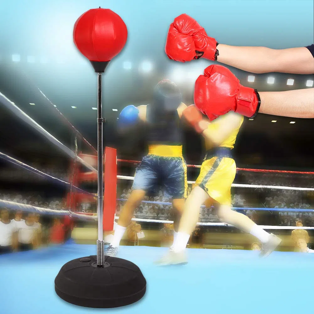 Wakects Set Boxe Bambini con Punching Ball e guantoni, Base da Riempire con Acqua o Sabbia, con Guanti da Boxe, Regolabile in Altezza da 125 a 140 cm, per Adulti e Adolescenti
