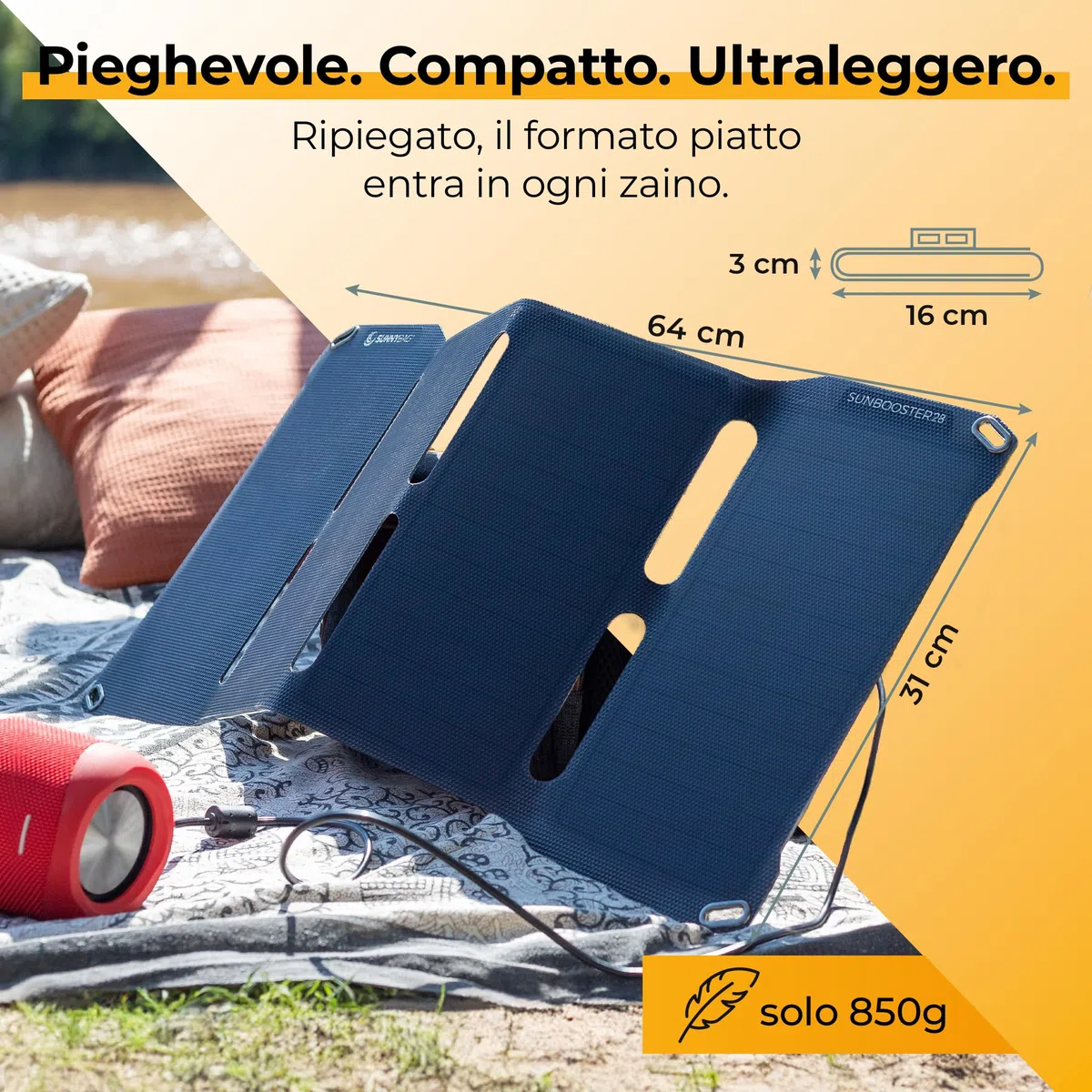 Sunnybag SUNBOOSTER 28 | Caricatore solare portatile da 28 Watt | pieghevole, efficiente, impermeabile, 2 uscite USB, cellulare, tablet, power bank in viaggio, per attività all'aperto, escursioni,