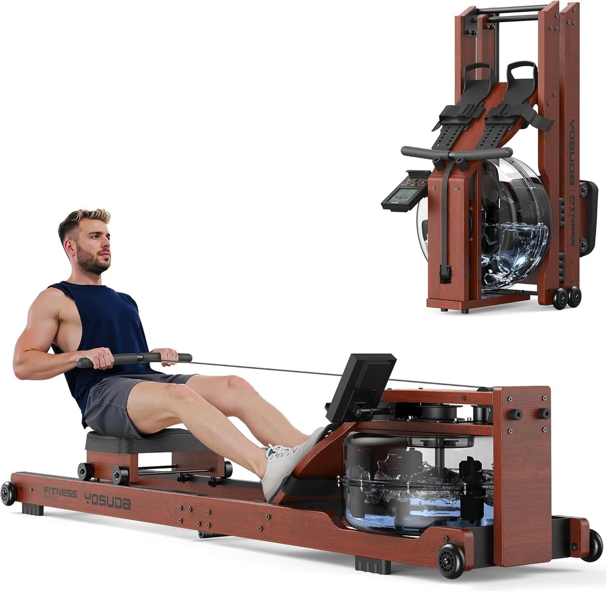 YOSUDA Vogatore pieghevole per casa, grande serbatoio 22L, APP/Bluetooth, design ultra silenzioso, supporto telefono regolabile, 190cm/182kg, pre-assemblato al 98%, vogatore professionale per casa