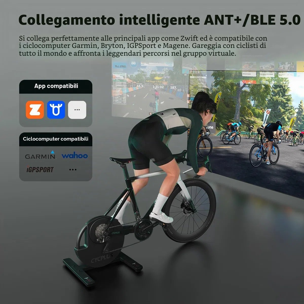 CYCPLUS R200 Smart Cyclette da Interno, Motore Brushless da 2200W, Simulatore di Pendenza al 19%, Modalità Dual BLE & ANT+, Cambio Virtuale, Simulazione di Salita/Discesa, Super Silenziosa per un