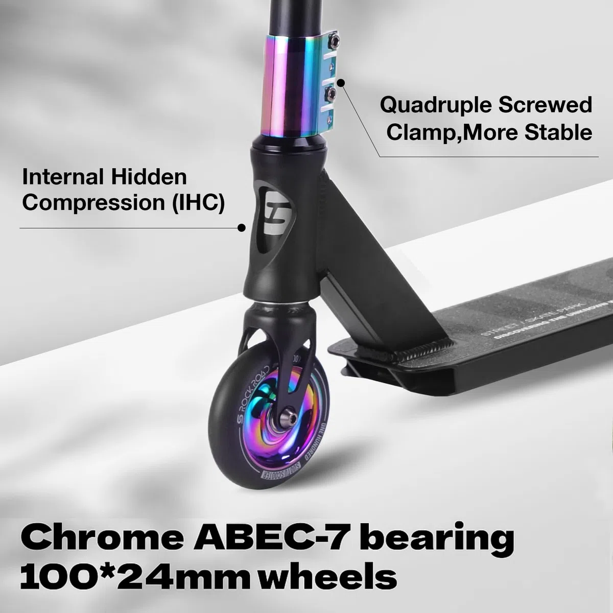 Monopattino Freestyle, Sterzo a 360°, Monopattino da Trick con Ruote in PU da 85A 100 mm, Stunt Scooter per Bambini Adolescente e Adulti, Capacità di Carico: 100 kg, Alluminio (Nero– Arcobaleno)