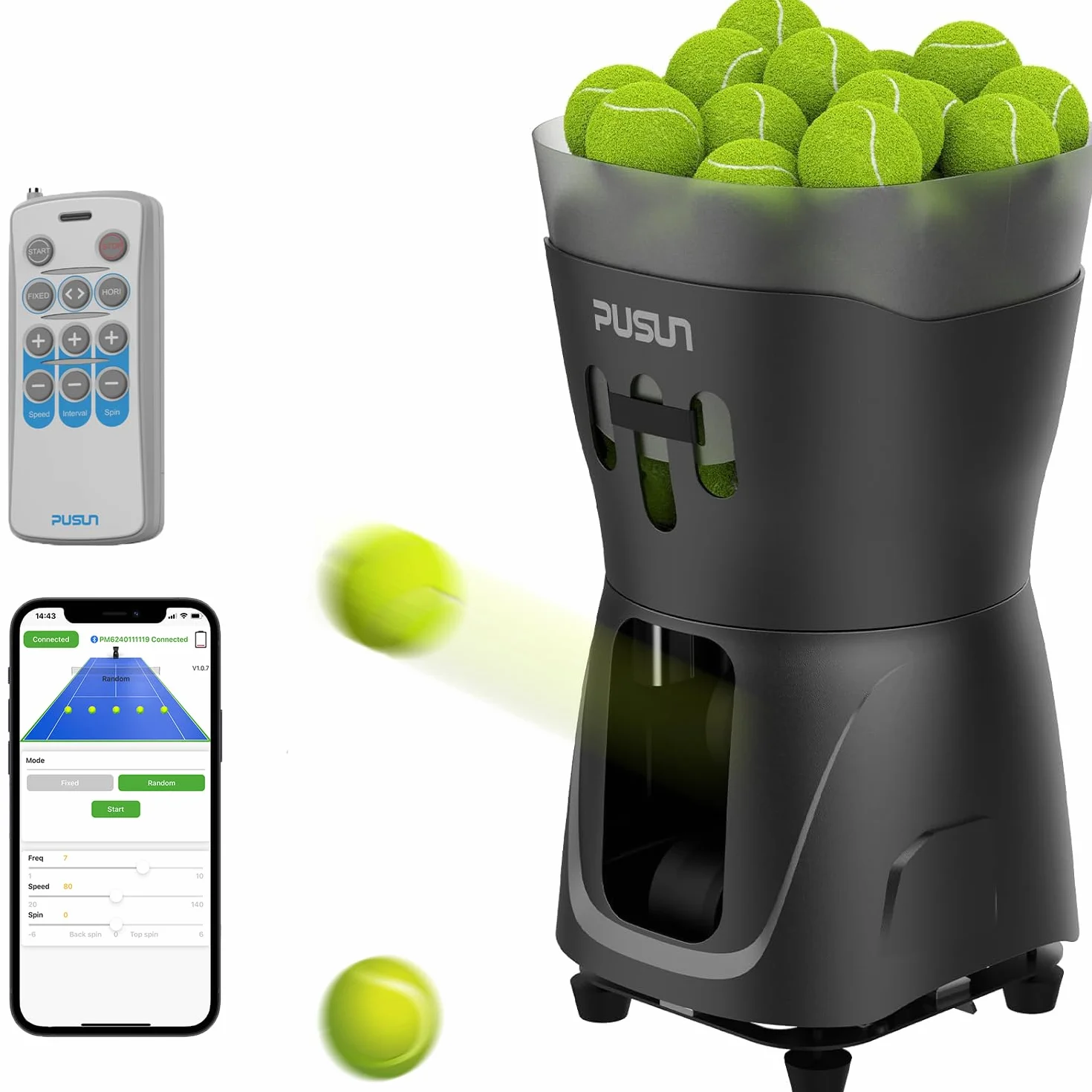 PUSUN - Macchina per lanciare palline da tennis, per bambini/principianti, capacità 65 + palline, doppio controllo tramite app e telecomando, durata della batteria 3-5 ore, attrezzatura portatile per