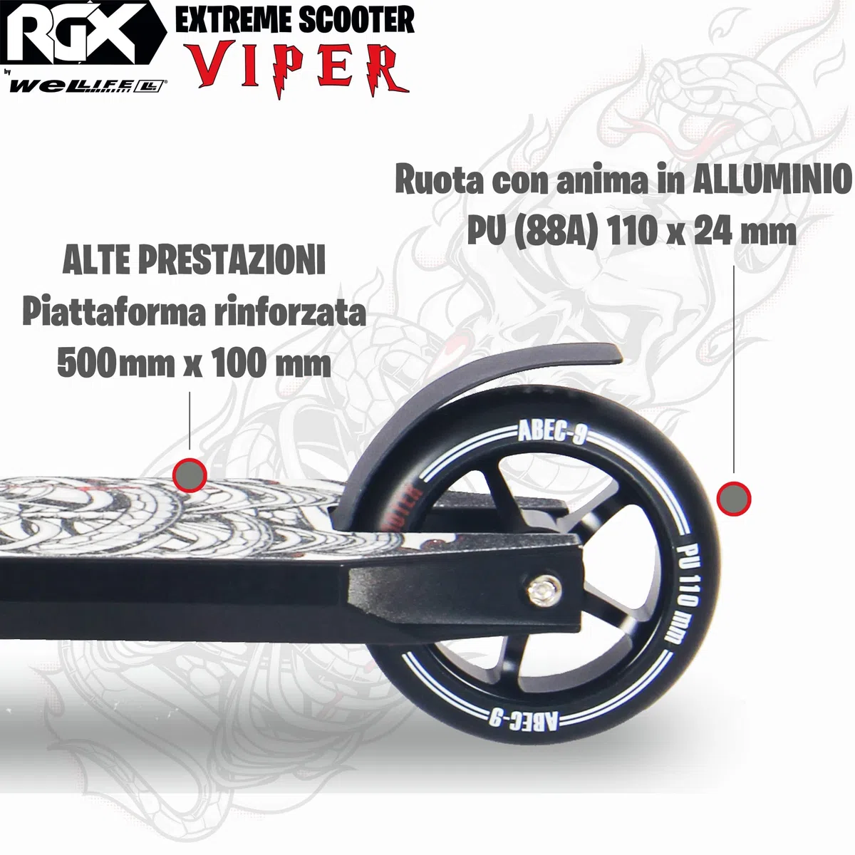 WeLLIFE Monopattini Freestyle Viper RGX Con Casco Protettivo Monopattino Freestyle Professionale, Manubrio HIC System Ruote 110mm e Cerchi in Alluminio, Cuscinetti Abec9, Ideale per Adulti e Ragazzi