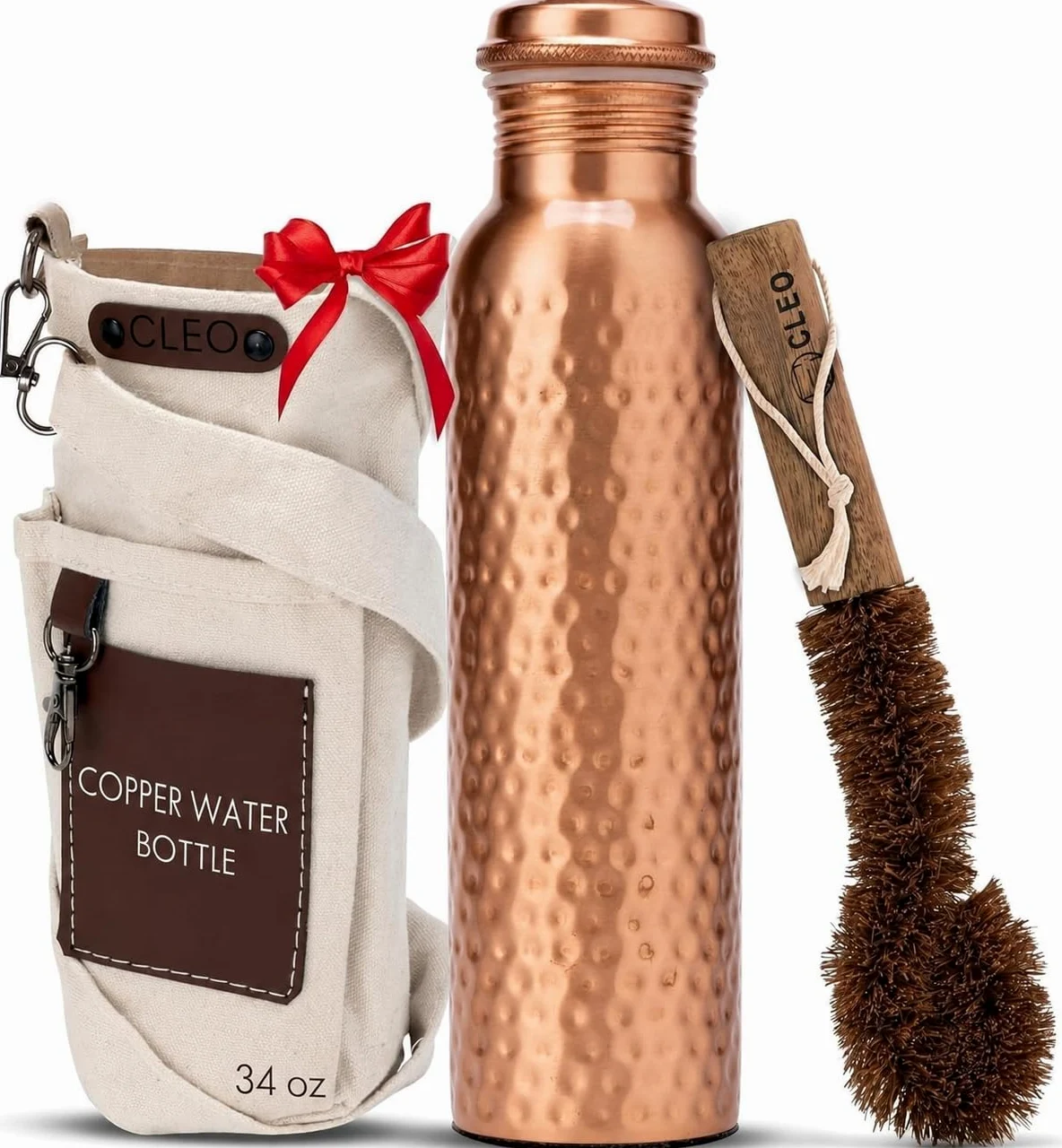 Bottiglia Acqua in Rame Puro Martellato 950 ml – Bottiglia Ayurvedica Antiperdita Senza BPA per Yoga Palestra Viaggi e Ufficio con Borsa in Tela Tasche e Spazzola Pulizia Inclusa