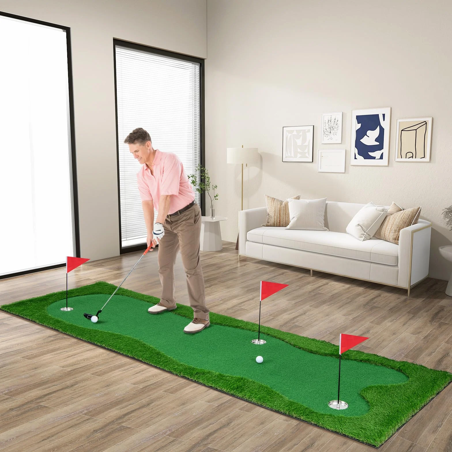 COSTWAY Tappetino da Golf Professionale, Campo da Golf con Erba Artificiale Realistica, 3 Buche, 3 Bandierine e Tazze per l'Allenamento Interno ed Esterno, 300 x 100 CM