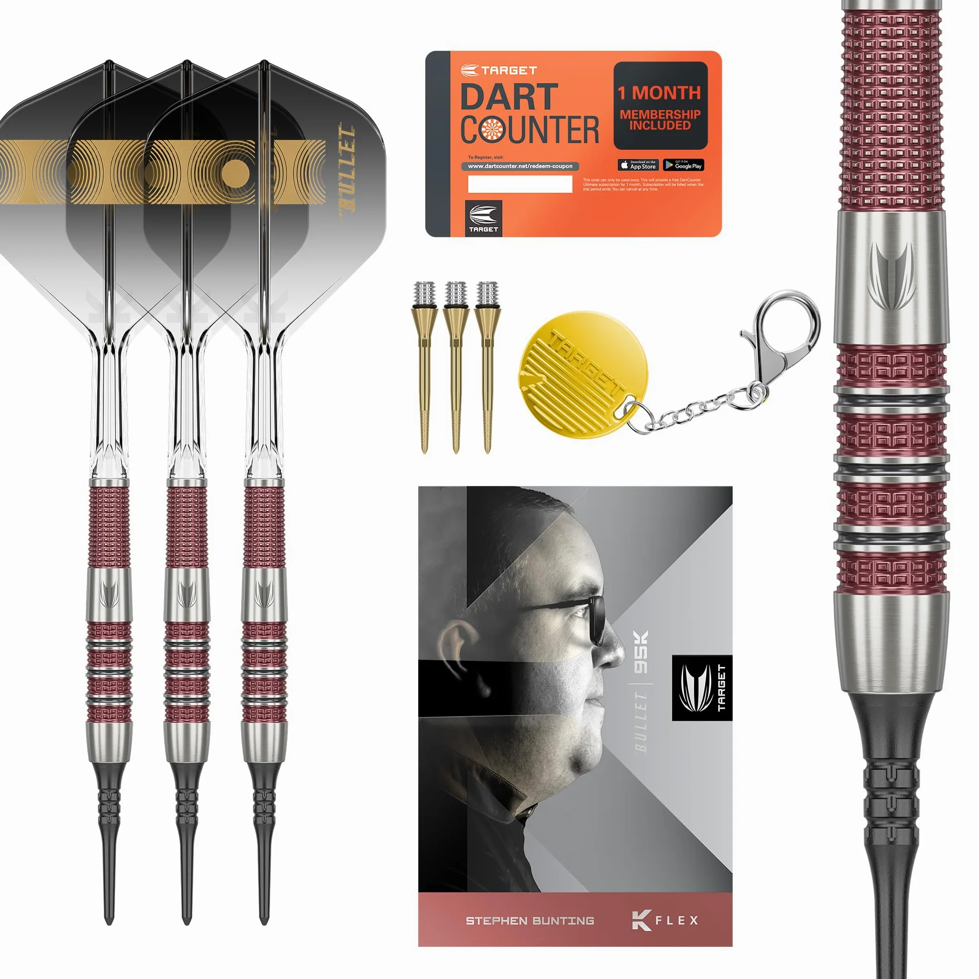 Target Darts Stephen Bunting 95K Set di Freccette a Punta Morbida, 19G | Alette e aste Kflex, The Bullet Player Edition Freccette al 95% di Tungsteno, Punta in Acciaio Nano Swiss Conversion Points