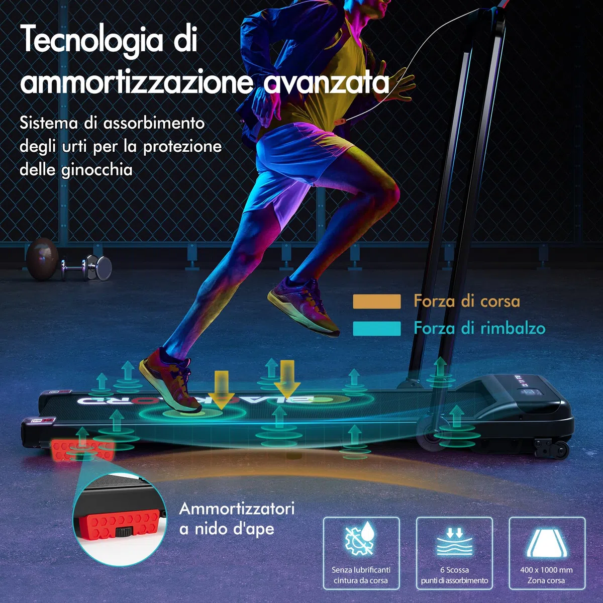 BLACK LORD Tapis roulant, Walking pad 9/12/16 km/h, Tappetino da corsa con/senza inclinazione del 9%, Sotto la scrivania, Portatile, Silenzioso, Display LED, App, Capacità di carico 120/130/140 kg