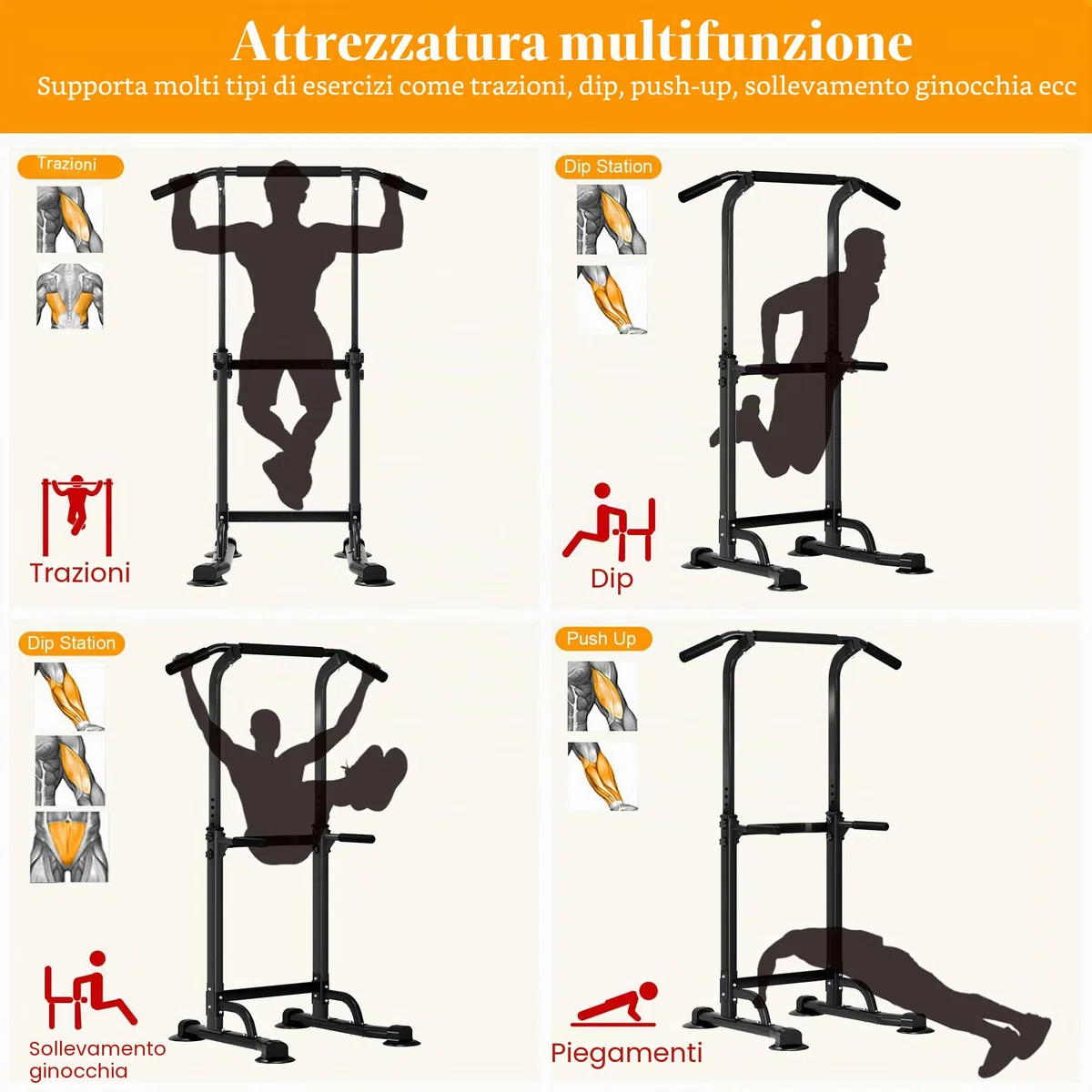 sogesfurniture Power Tower, Dip Station, Sbarra per trazioni,Fitness Multifunzione per Flessioni Trazioni Fitness e Addominali,Altezza Regolabile da 165-210 cm, BHEU-PSBB005