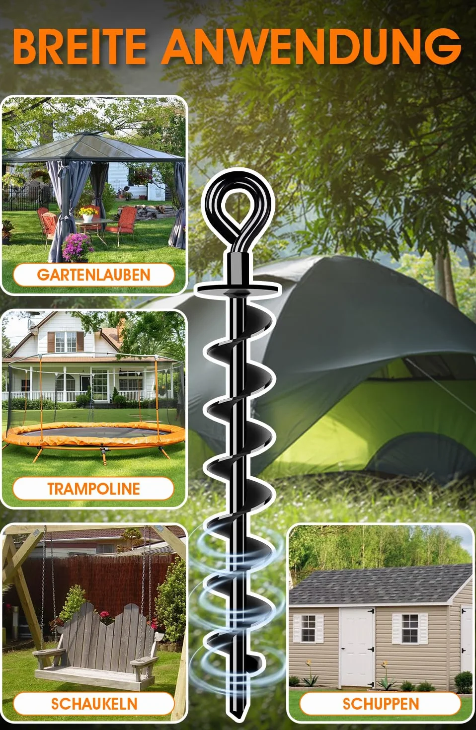 Set di ancoraggi a terra 4 - vite intera e grande Trampolino Set di ancoraggi a terra per trampolino per un fissaggio sicuro nel terreno, per fissare il trampolino, la tettoia, l'altalena ecc