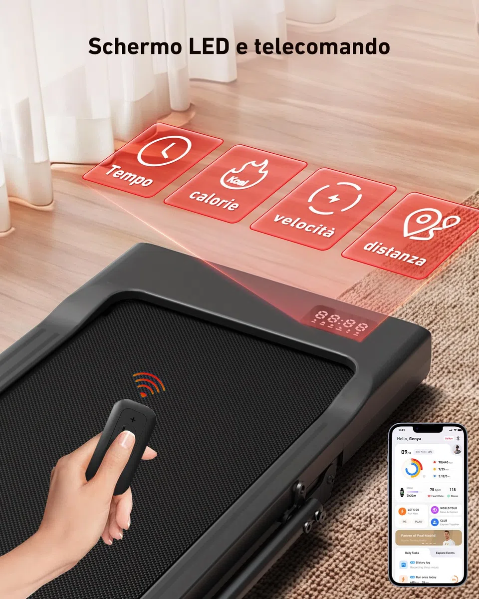 Superun Raceable Tapis Roulant Salvapazio Elettrico Adatto per Indossabili High-tech, Walking Pad con APP Controllo, 136/159KG Tapirulan con Corsi di Allenamento e Corse Multi-Runner