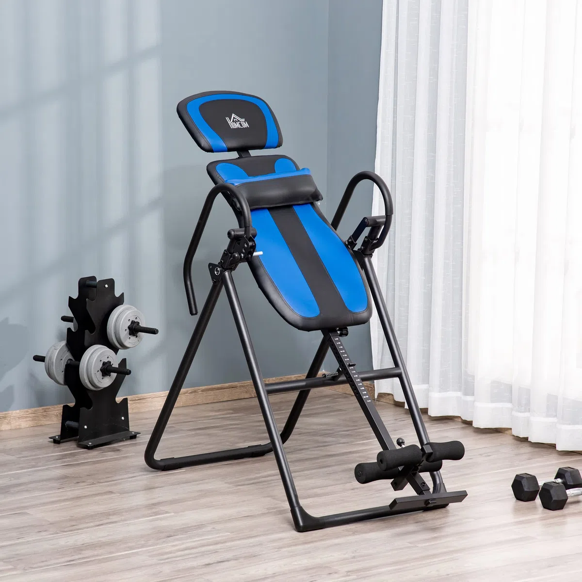 HOMCOM Tavolo ad inversione pieghevole, panca per stretching con trainer a gravità per la terapia della schiena con cuscini per le caviglie fino a 110 kg - acciaio, nero e blu